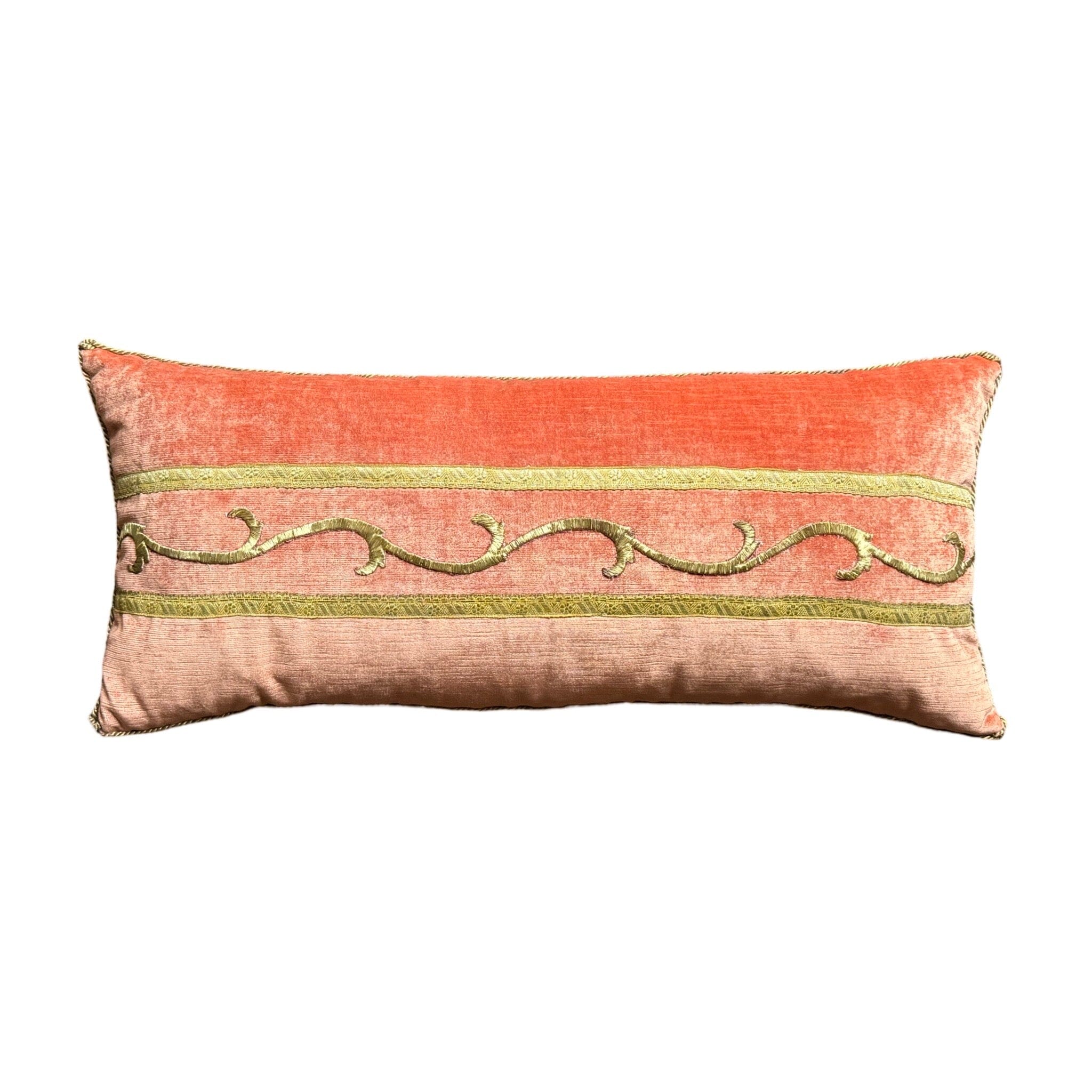Antique Ottoman Empire Raised Gold Metallic Embroidery on Coral Velvet (#E081324 | 12 X 26") Pillow B. Viz Design