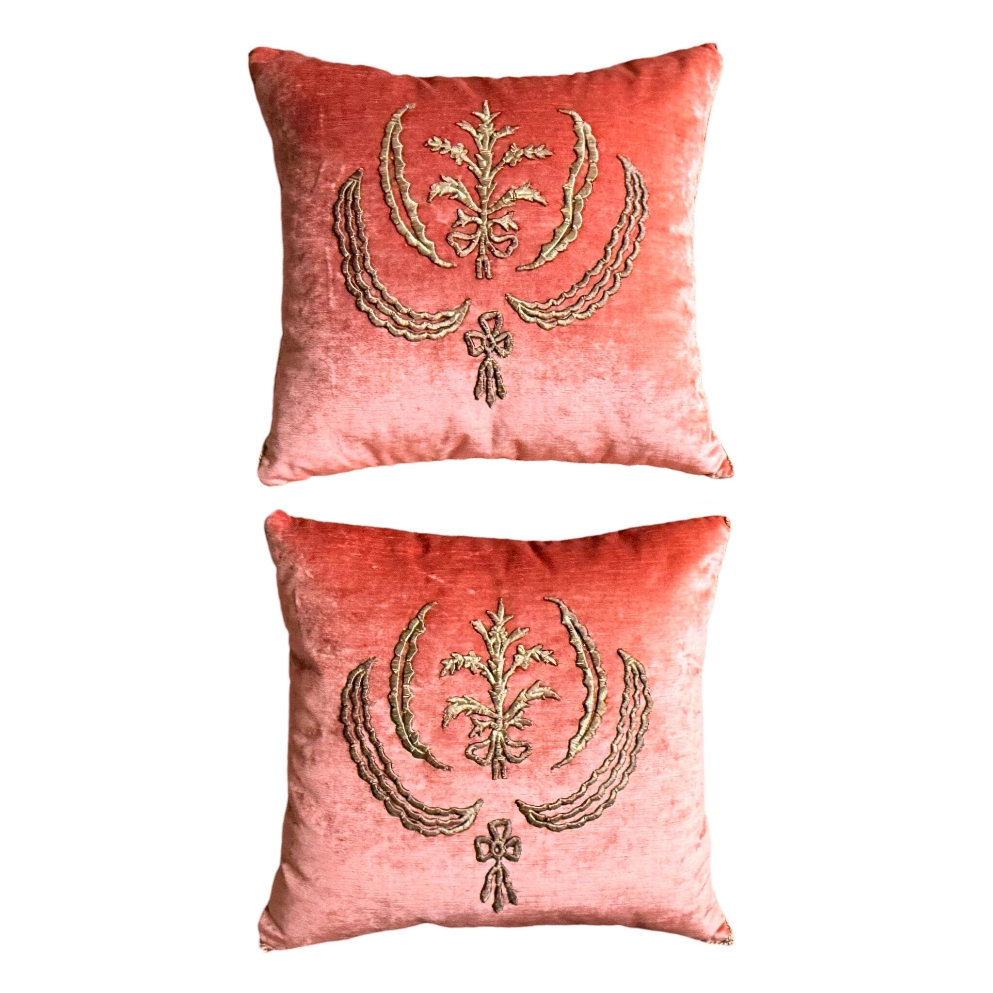 Antique Ottoman Empire Raised Gold Metallic Embroidery on Coral Velvet (#E101024 | 19 X 20") Pillow B. Viz Design