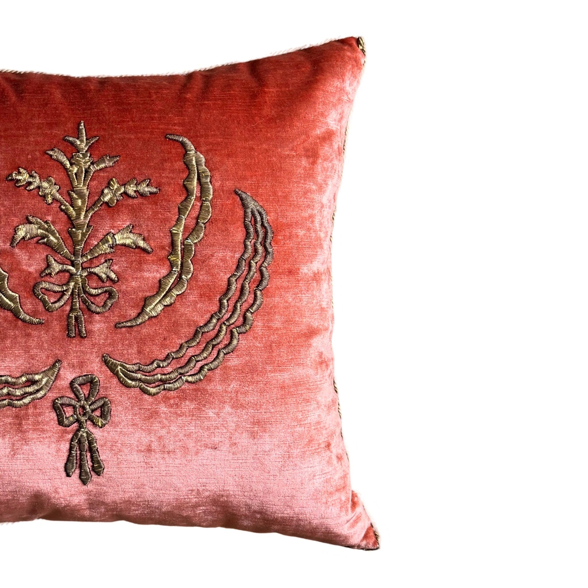Antique Ottoman Empire Raised Gold Metallic Embroidery on Coral Velvet (#E101024 | 19 X 20") Pillow B. Viz Design