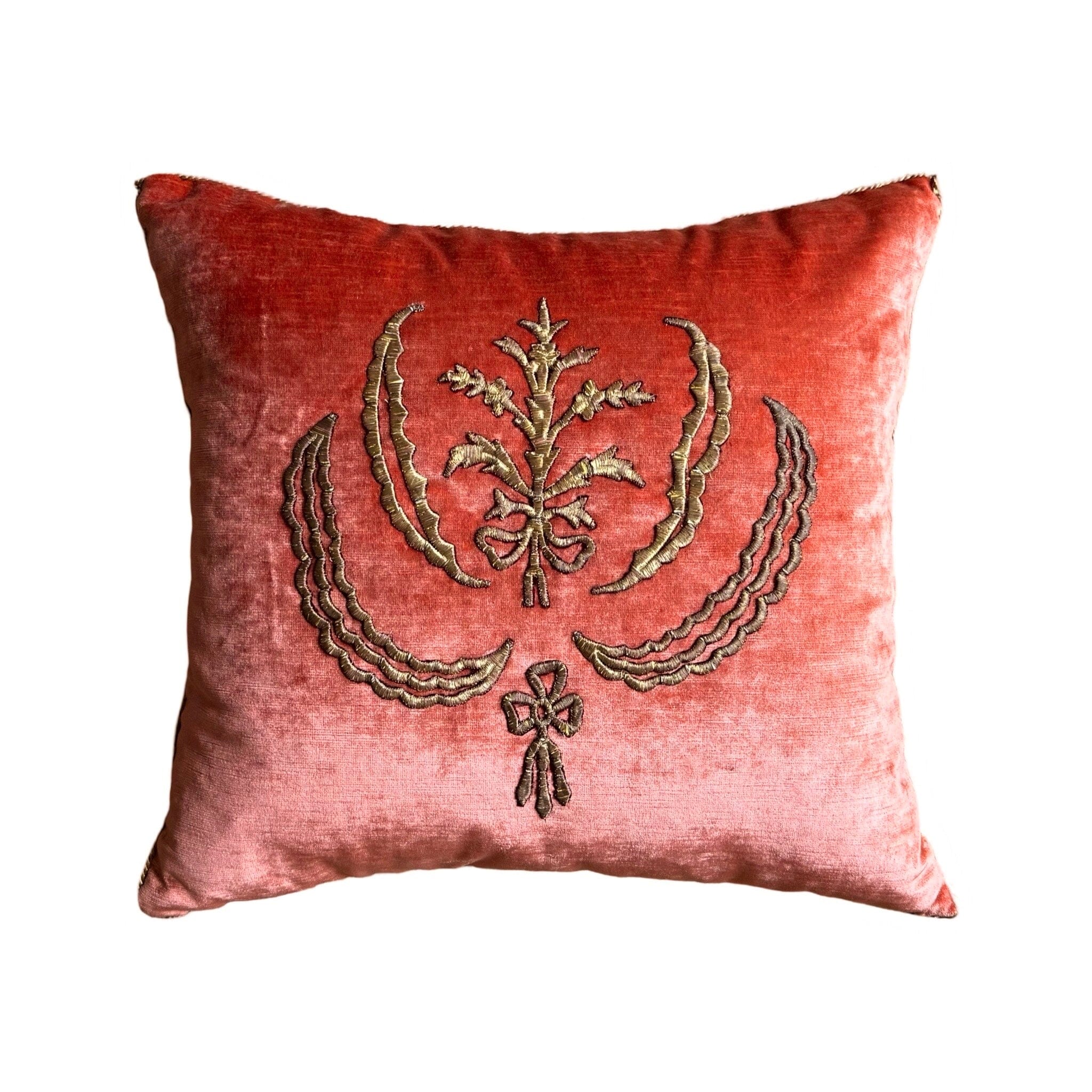Antique Ottoman Empire Raised Gold Metallic Embroidery on Coral Velvet (#E101024 | 19 X 20") Pillow B. Viz Design