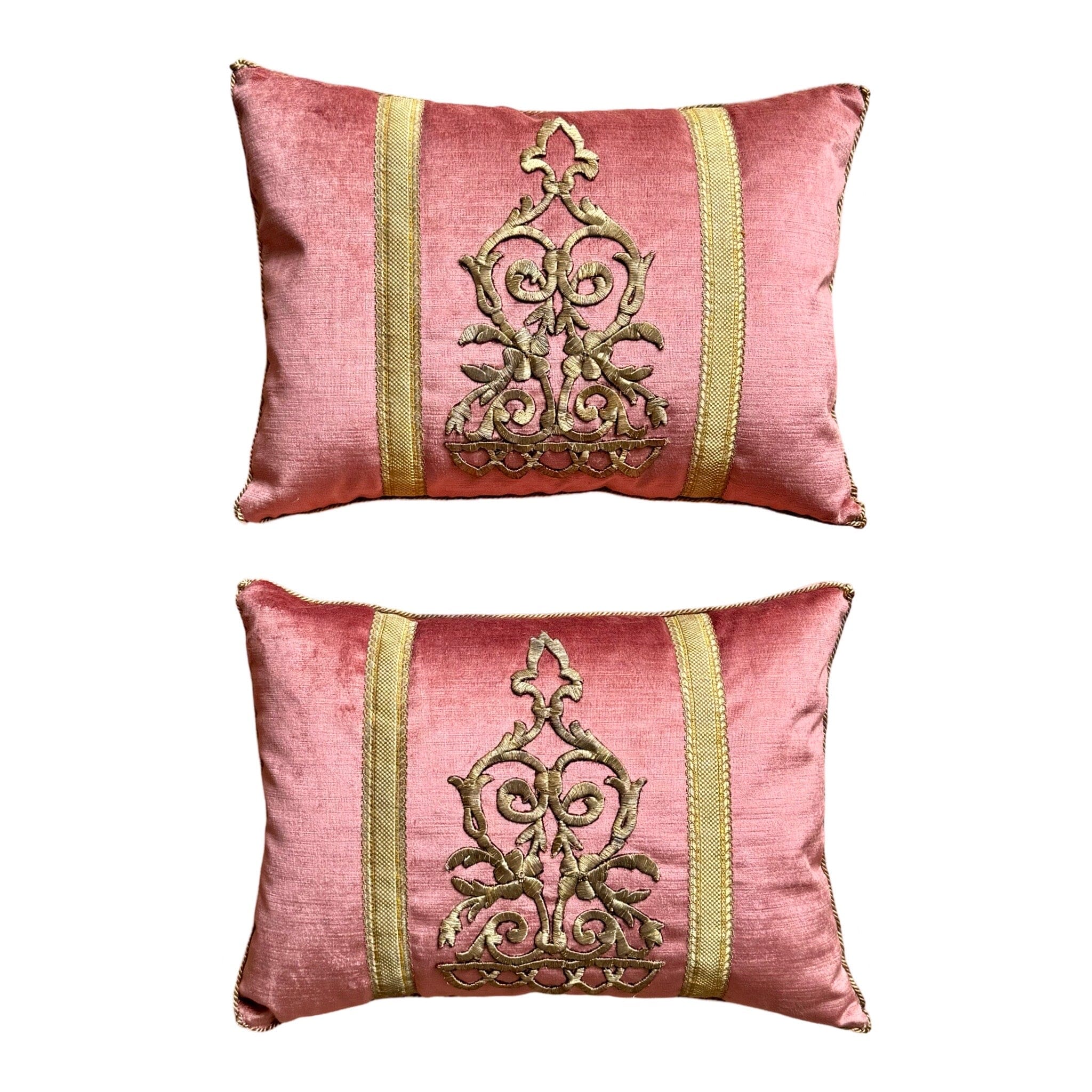 Antique Ottoman Empire Raised Gold Metallic Embroidery on Dusty Rose Velvet (#E013025A&B | 14" x 19") New Pillows B. Viz Design