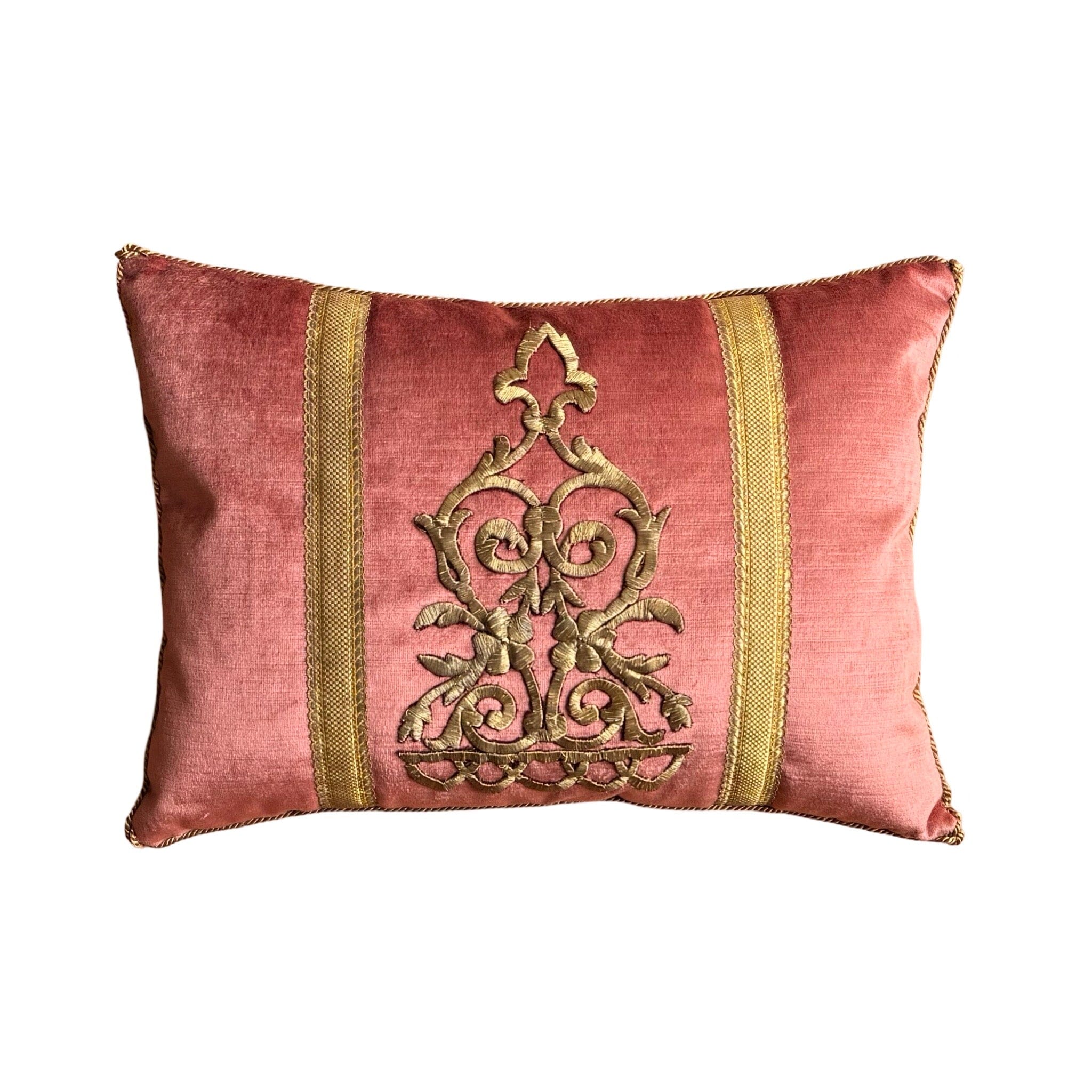 Antique Ottoman Empire Raised Gold Metallic Embroidery on Dusty Rose Velvet (#E013025A&B | 14" x 19") New Pillows B. Viz Design