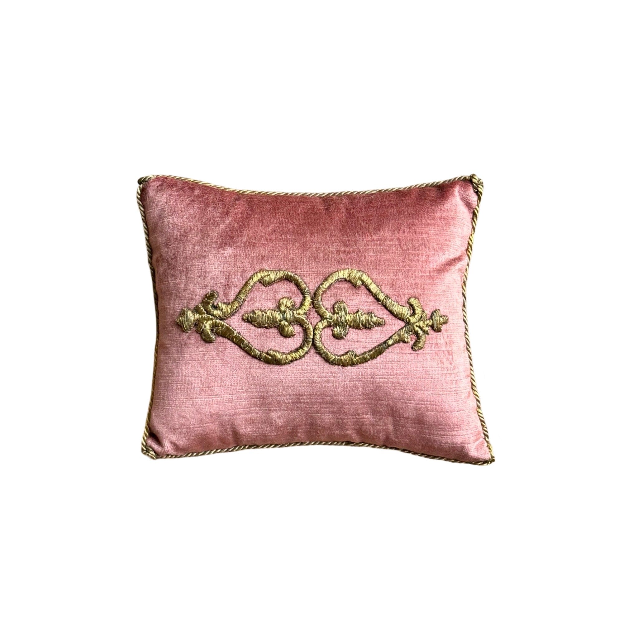 Antique Ottoman Empire Raised Gold Metallic Embroidery on Dusty Rose Velvet (#E060224 | 8 1/2 x 10") New Pillow B. Viz Design