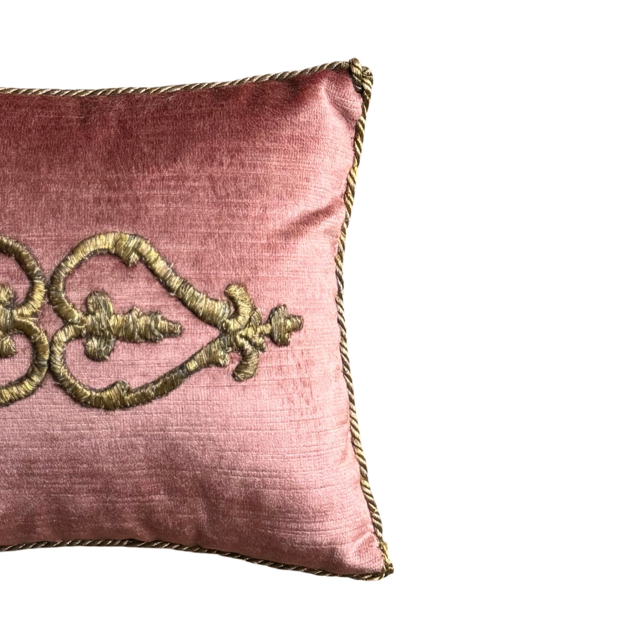 Antique Ottoman Empire Raised Gold Metallic Embroidery on Dusty Rose Velvet (#E060224 | 8 1/2 x 10") New Pillow B. Viz Design