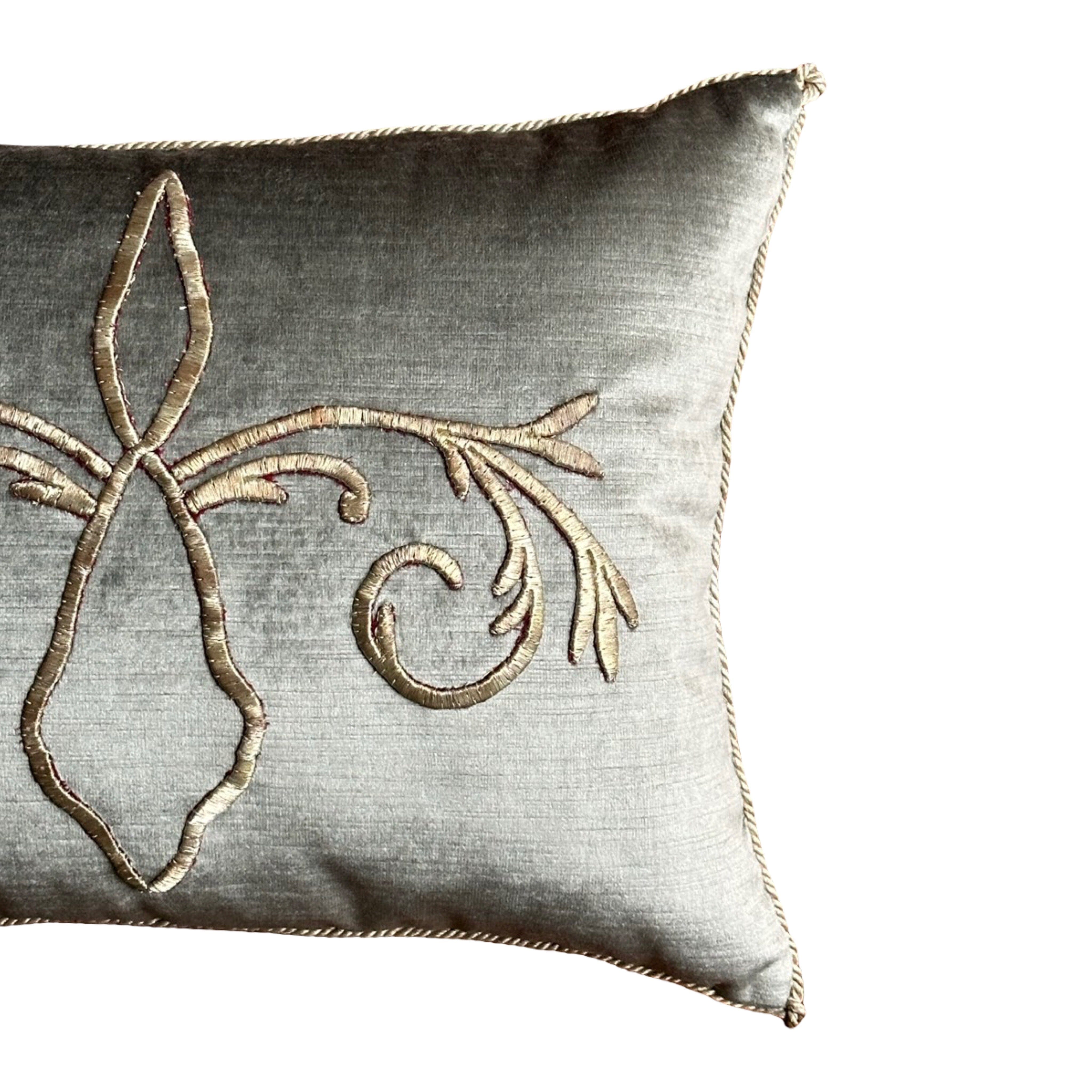 Antique Ottoman Empire Raised Silver Metallic Embroidery (#E050325| 13.5 x 17.5″) New Pillows B. Viz Design