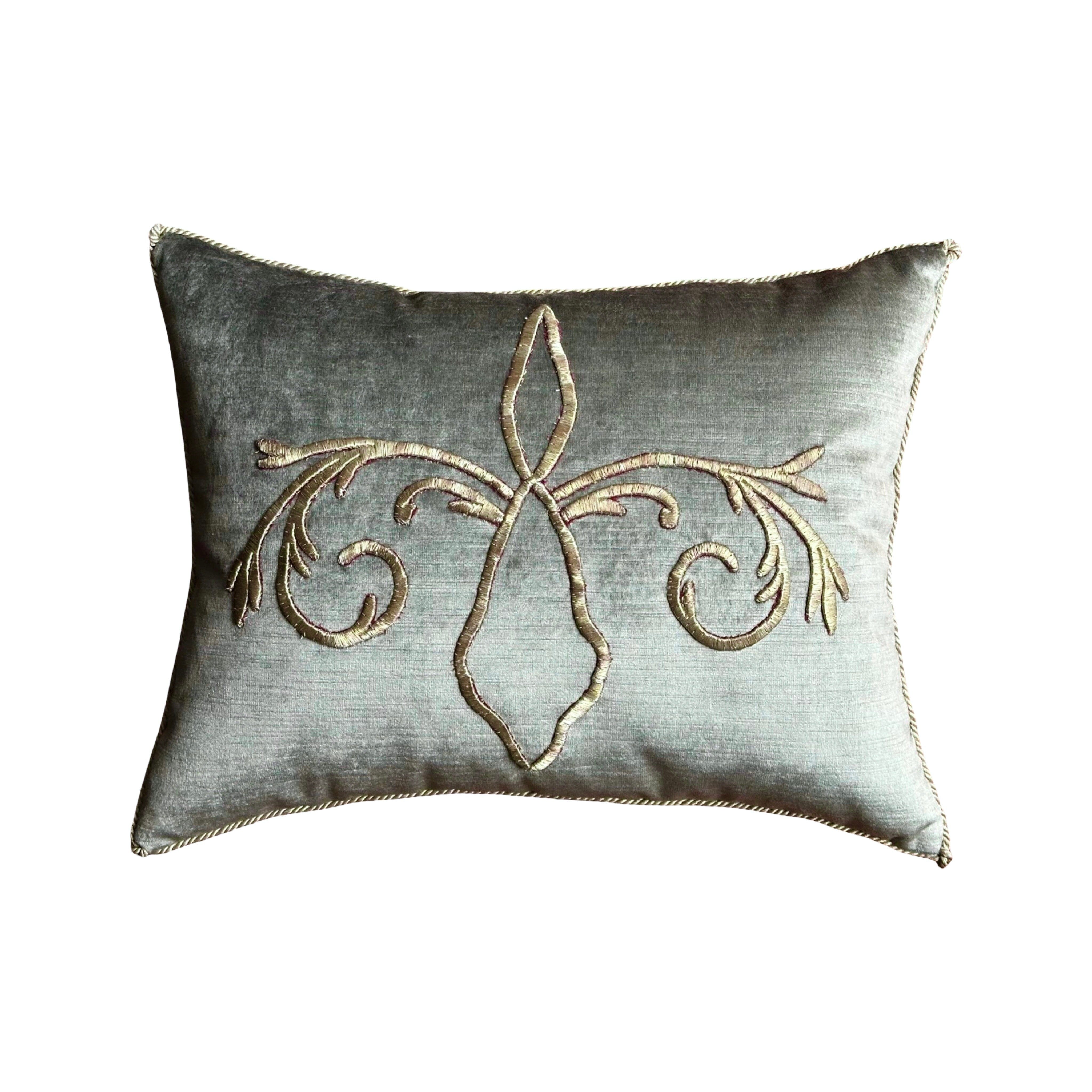 Antique Ottoman Empire Raised Silver Metallic Embroidery (#E050325| 13.5 x 17.5″) New Pillows B. Viz Design