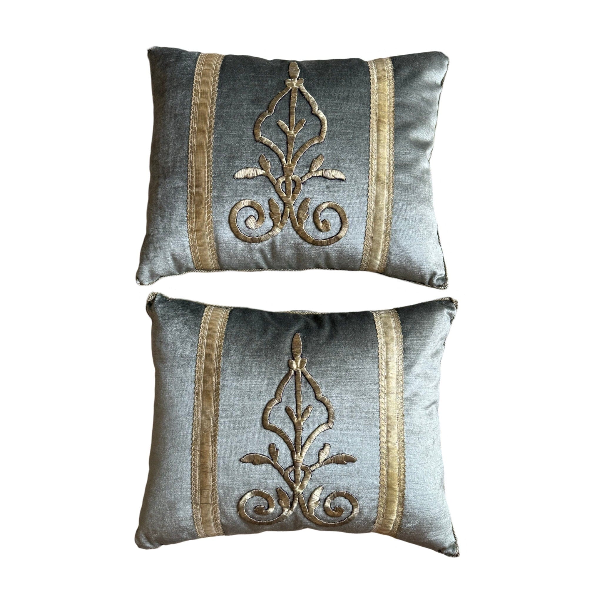 Antique Ottoman Empire Raised Silver Metallic Embroidery (#E060924A&B | 14.5 x 18″) New Pillows B. Viz Design