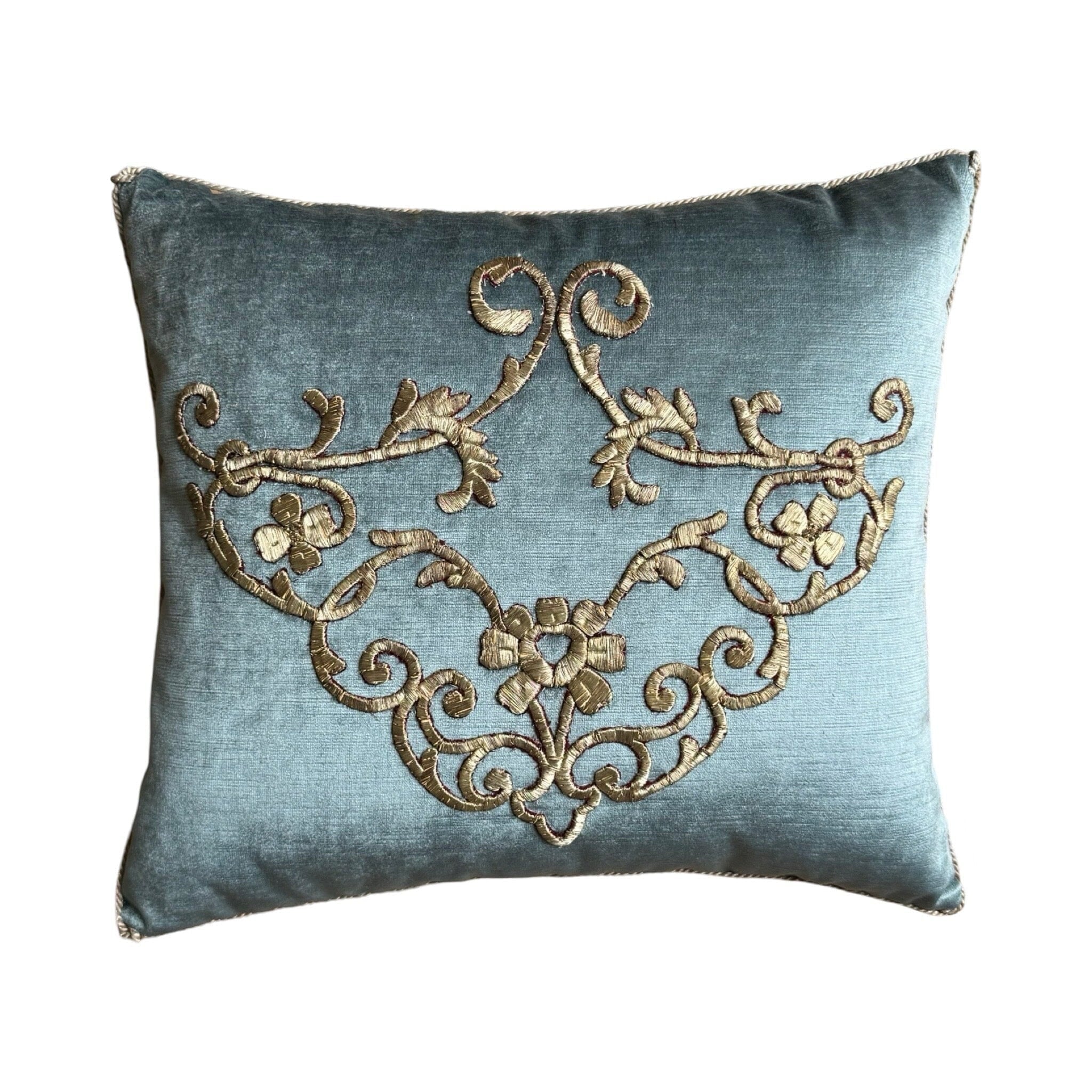 Antique Ottoman Empire Raised Silver Metallic Embroidery (#E063024 | 16.5 x 18.5″) New Pillows B. Viz Design