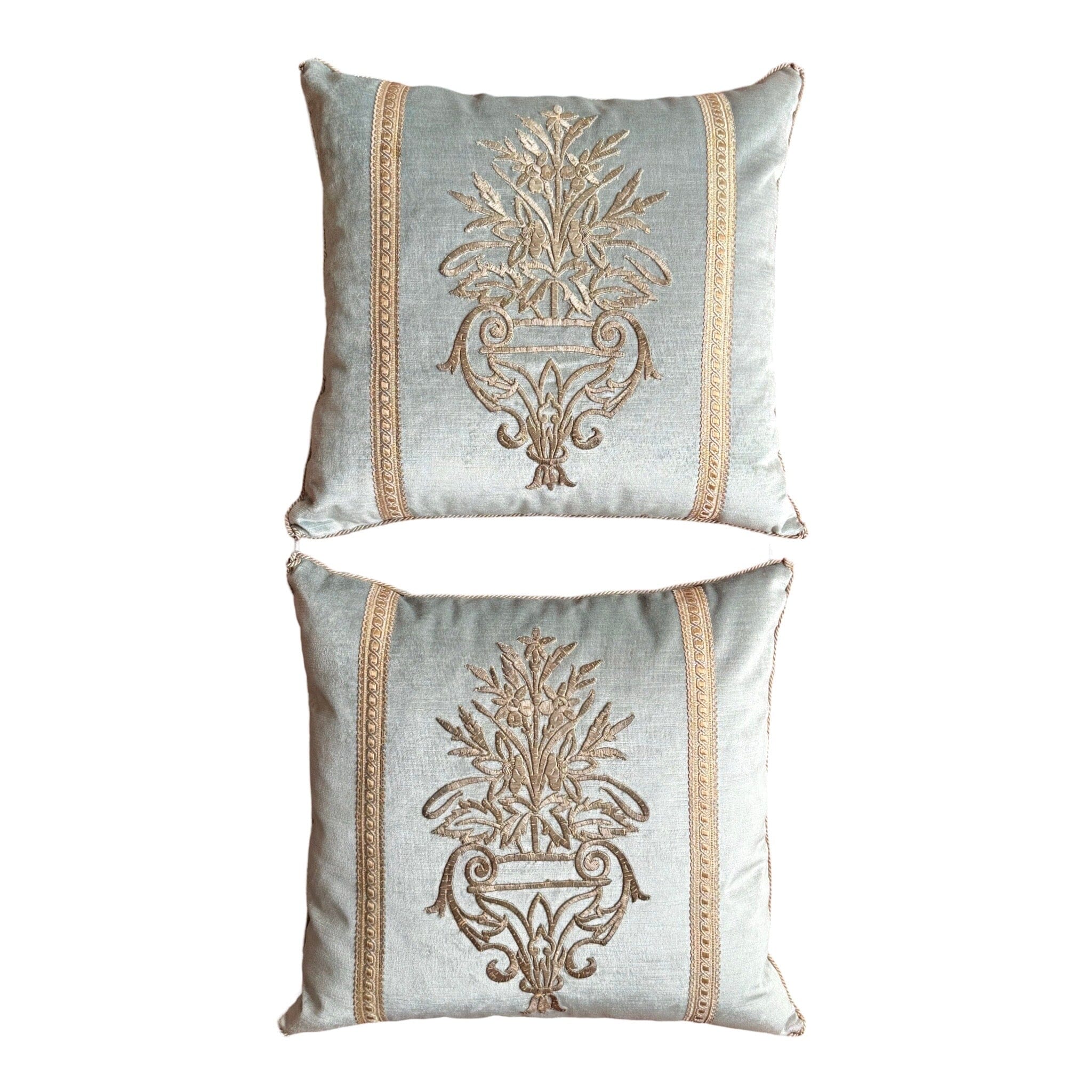 Antique Ottoman Empire Raised Silver Metallic Embroidery (#E090224A&B | 17.5 x 19") New Pillows B. Viz Design