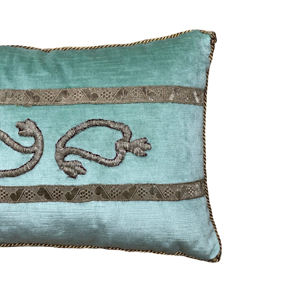 Antique Ottoman Empire Raised Silver Metallic Embroidery on Mint Velvet (#E051625 | 11 x 16") New Pillows B. Viz Design