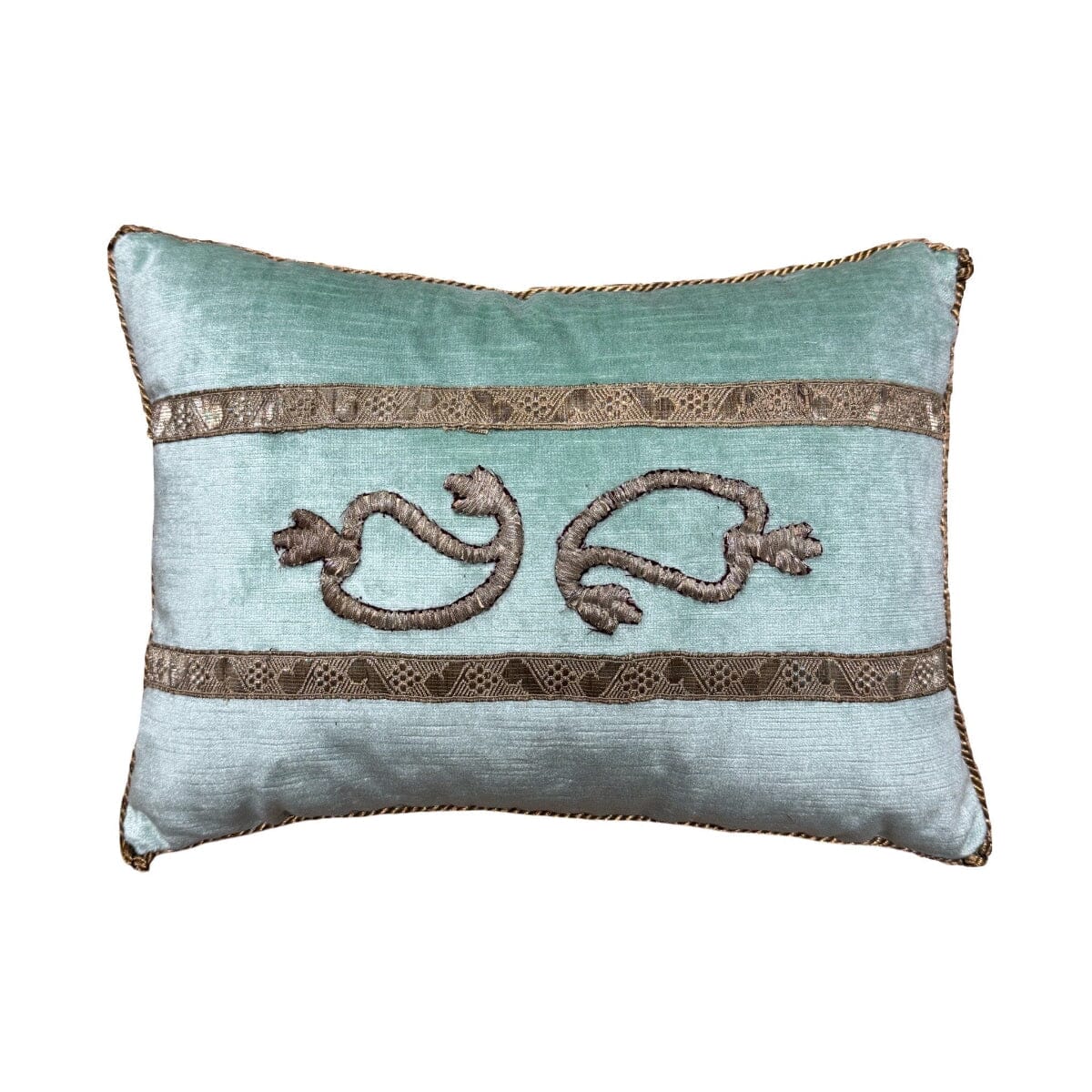 Antique Ottoman Empire Raised Silver Metallic Embroidery on Mint Velvet (#E051625 | 11 x 16") New Pillows B. Viz Design