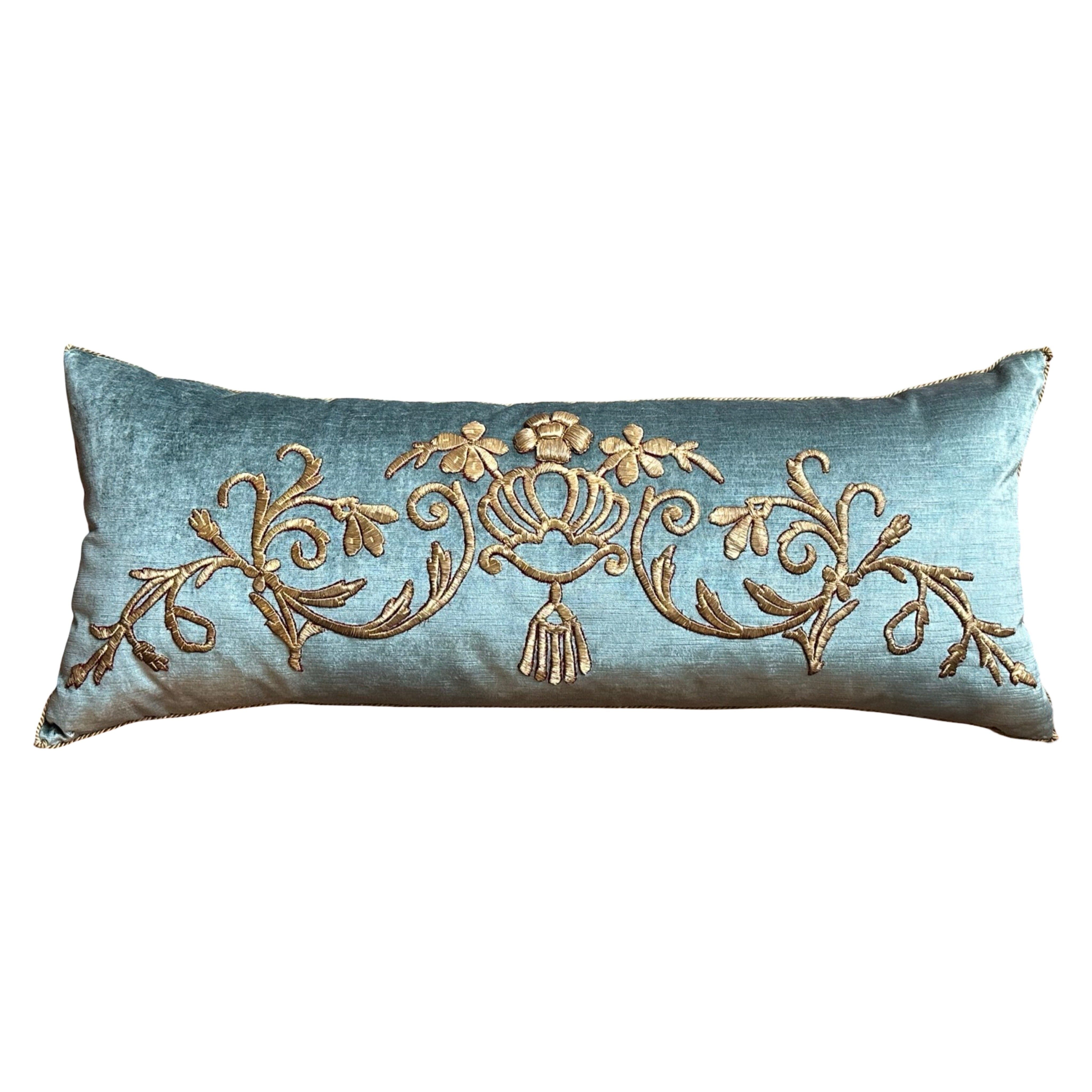 Antique Ottoman Empire Raised Silvery Gold Metallic Embroidery (#E013125 | 14" x 34") New Pillows B. Viz Design