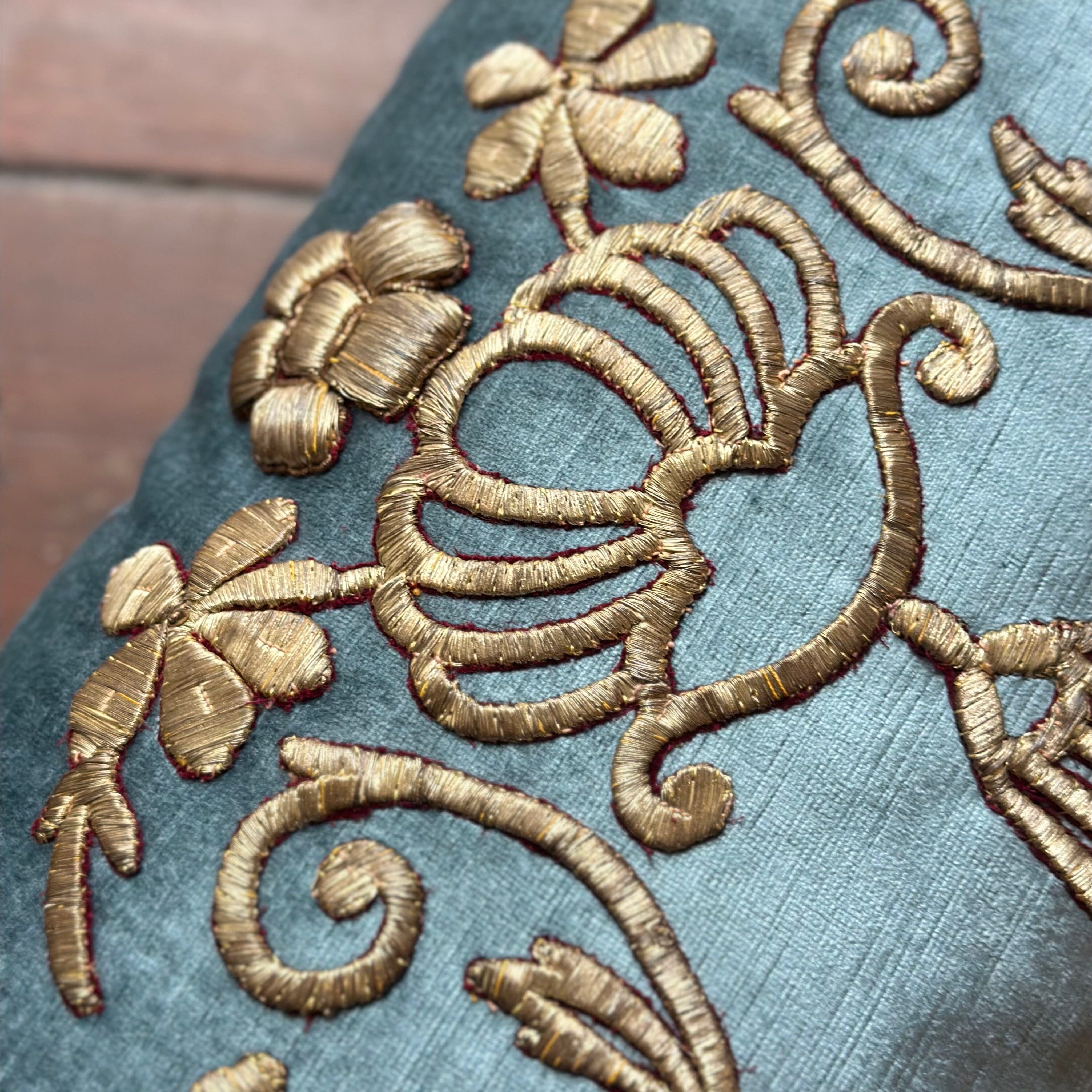 Antique Ottoman Empire Raised Silvery Gold Metallic Embroidery (#E013125 | 14" x 34") New Pillows B. Viz Design