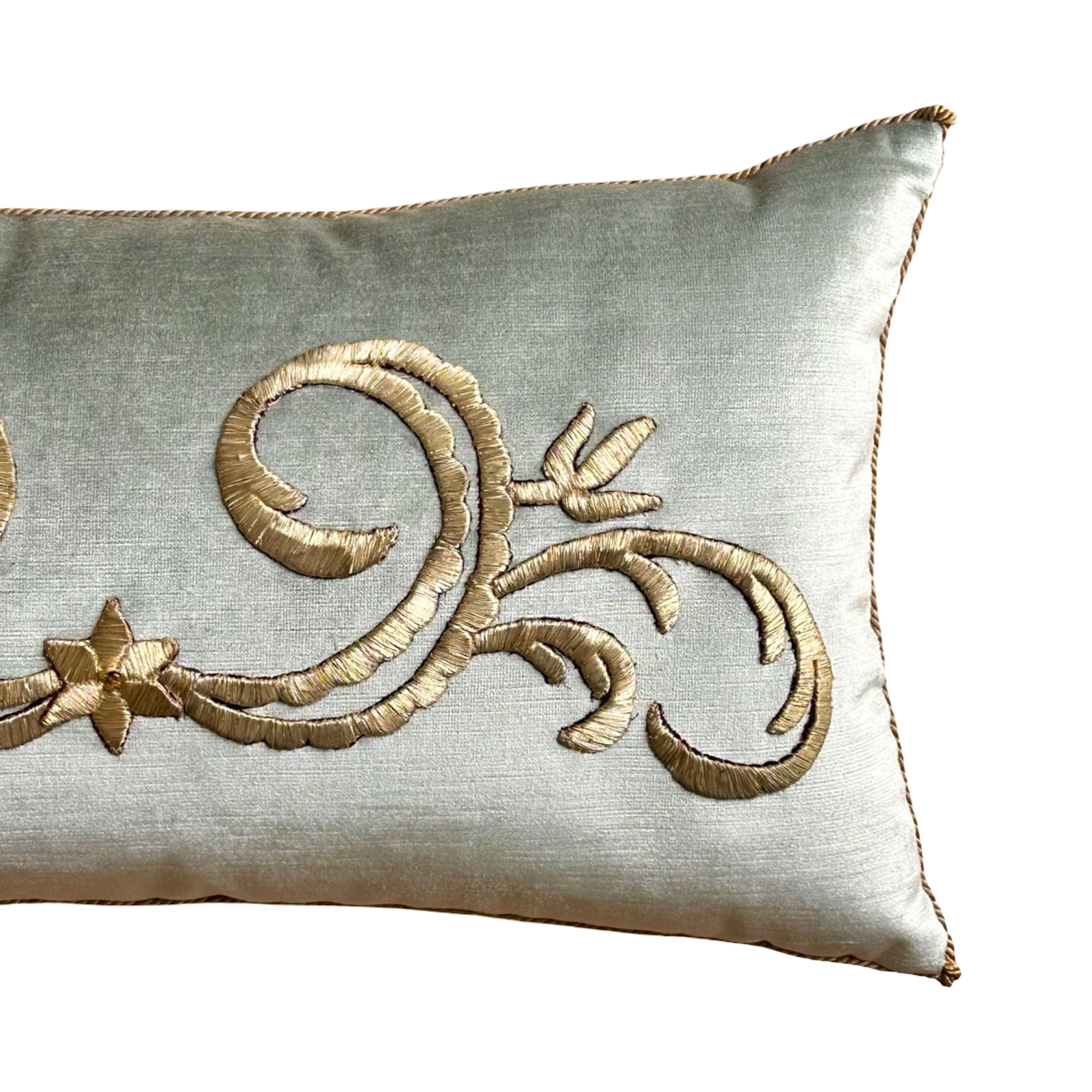 Antique Ottoman Empire Raised Silvery Gold Metallic Embroidery (#E030225A | 13" x 23.5") New Pillows B. Viz Design
