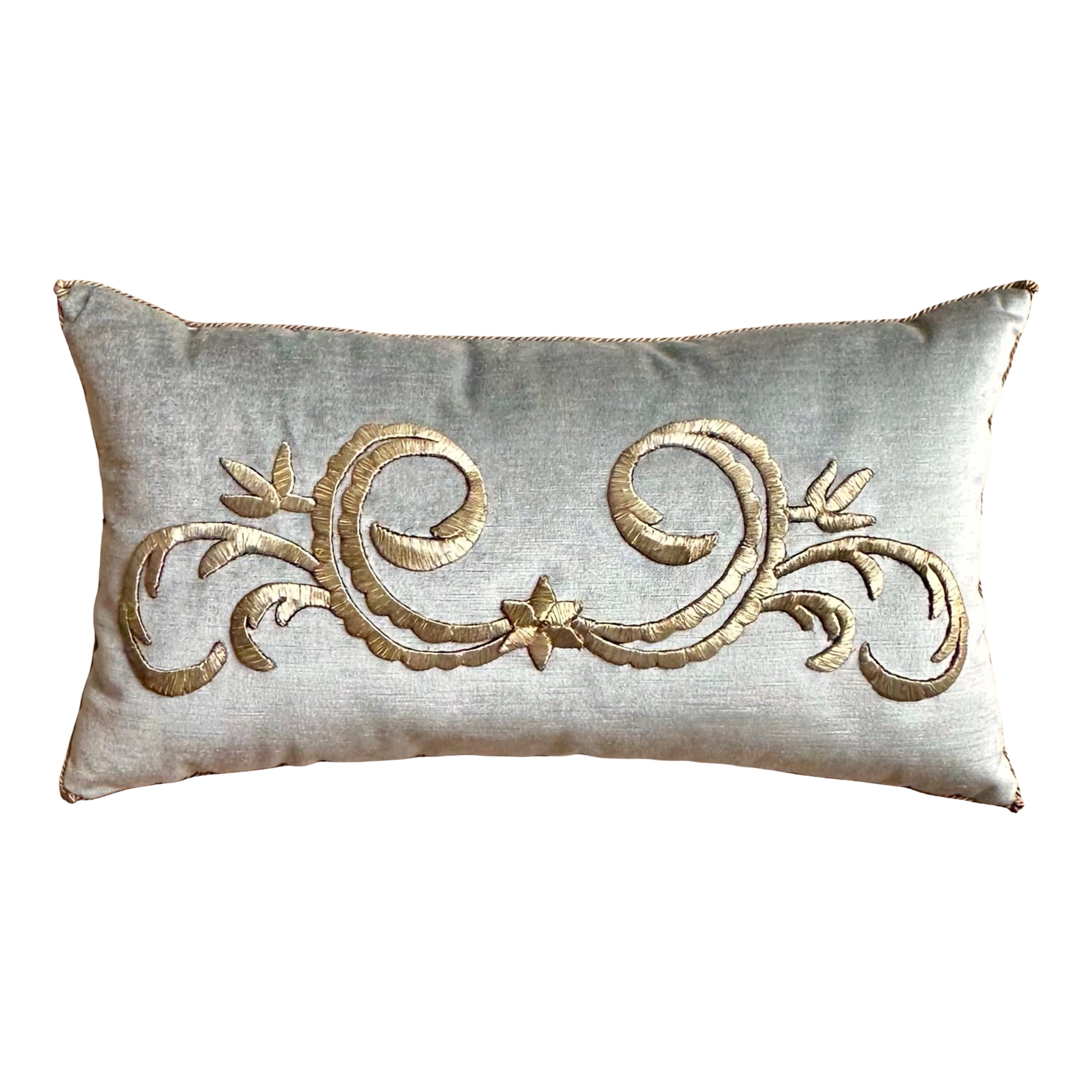 Antique Ottoman Empire Raised Silvery Gold Metallic Embroidery (#E030225A | 13" x 23.5") New Pillows B. Viz Design