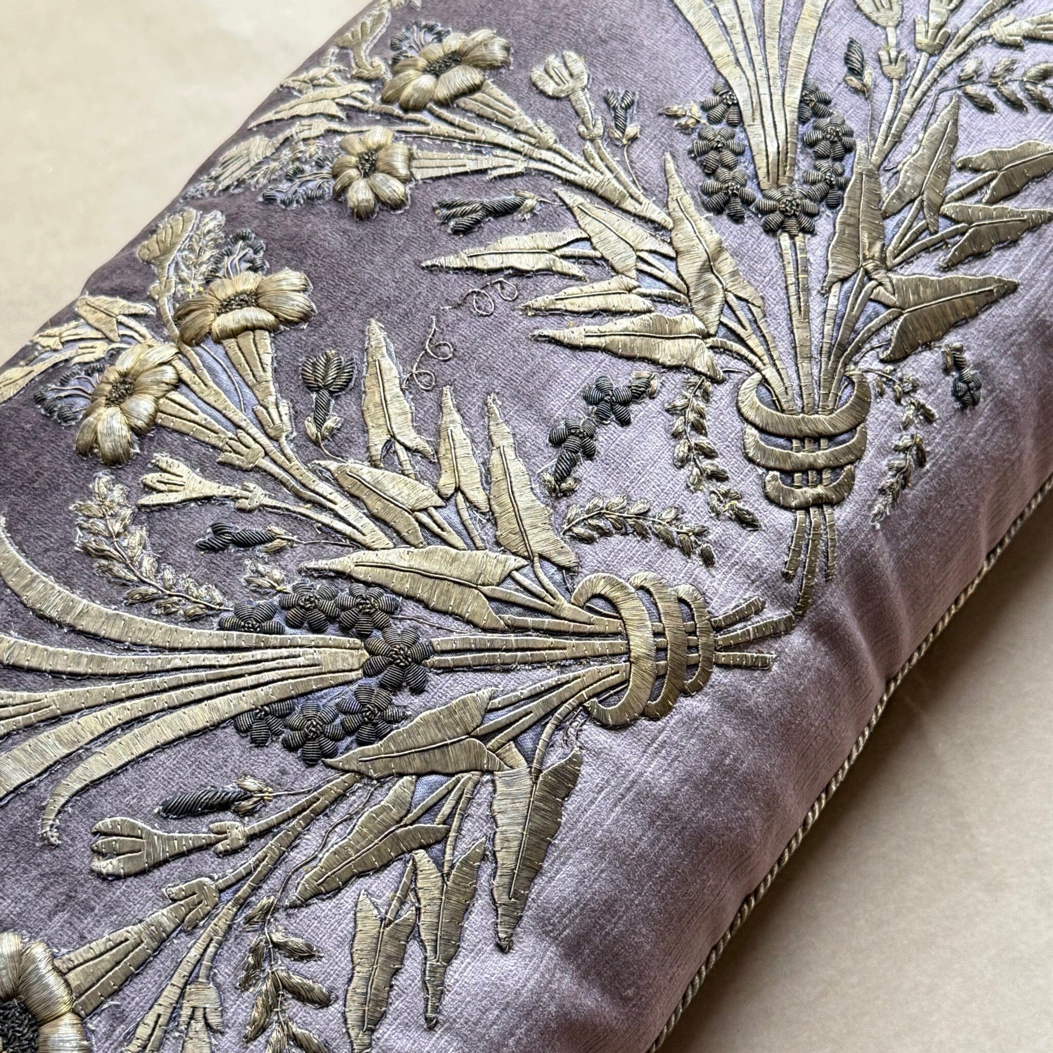 Antique Ottoman Empire Raised Warm Silver Metallic Embroidery (#E112423| 15 x 31") New Pillows B. Viz Design