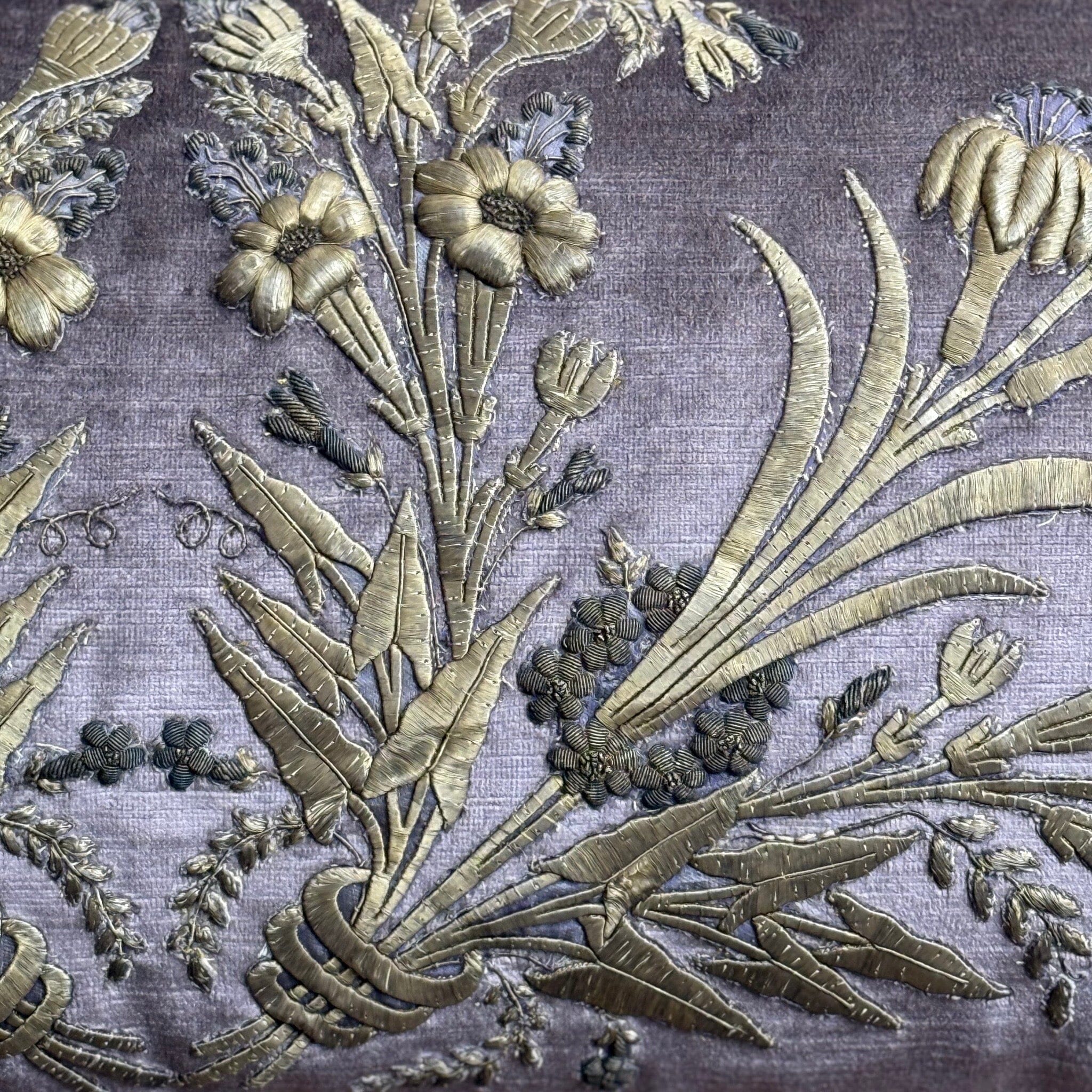 Antique Ottoman Empire Raised Warm Silver Metallic Embroidery (#E112423| 15 x 31") New Pillows B. Viz Design