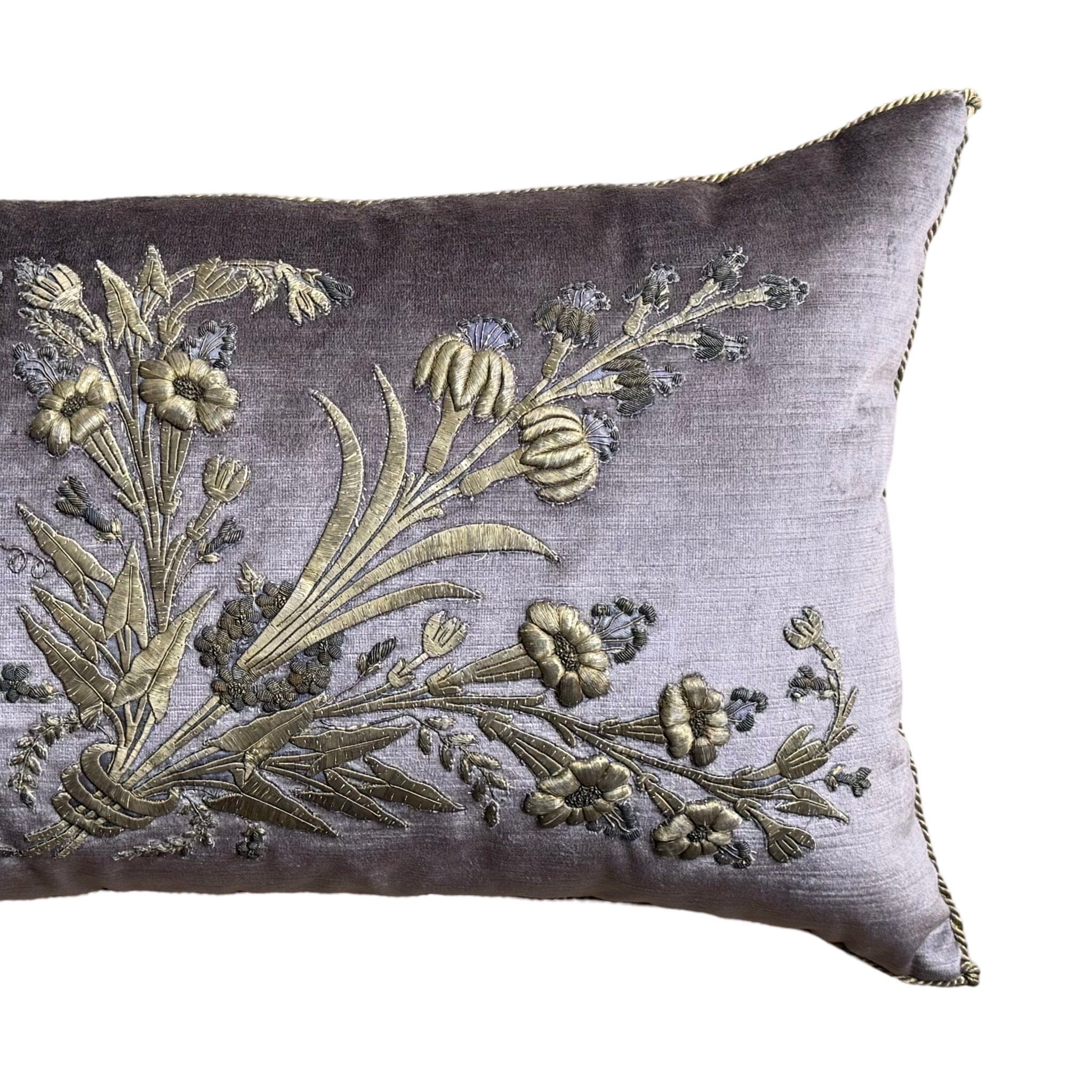 Antique Ottoman Empire Raised Warm Silver Metallic Embroidery (#E112423| 15 x 31") New Pillows B. Viz Design