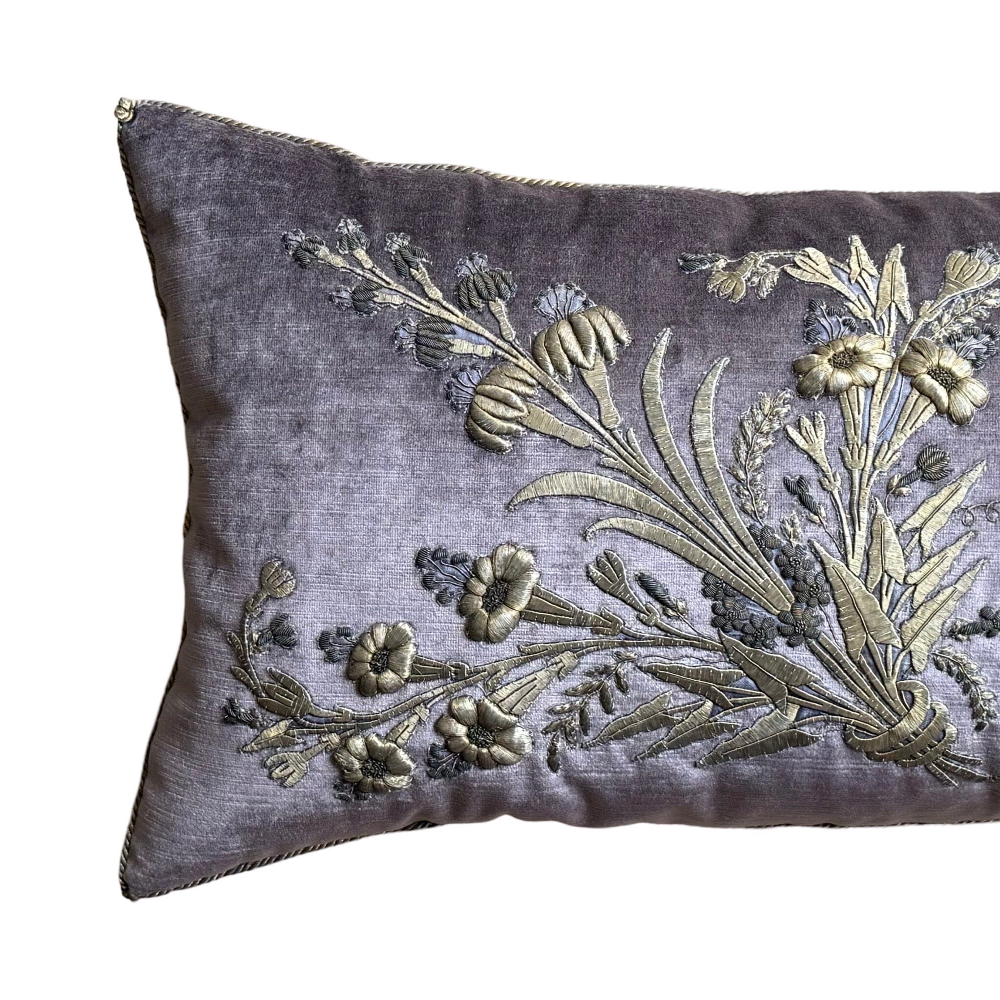 Antique Ottoman Empire Raised Warm Silver Metallic Embroidery (#E112423| 15 x 31") New Pillows B. Viz Design