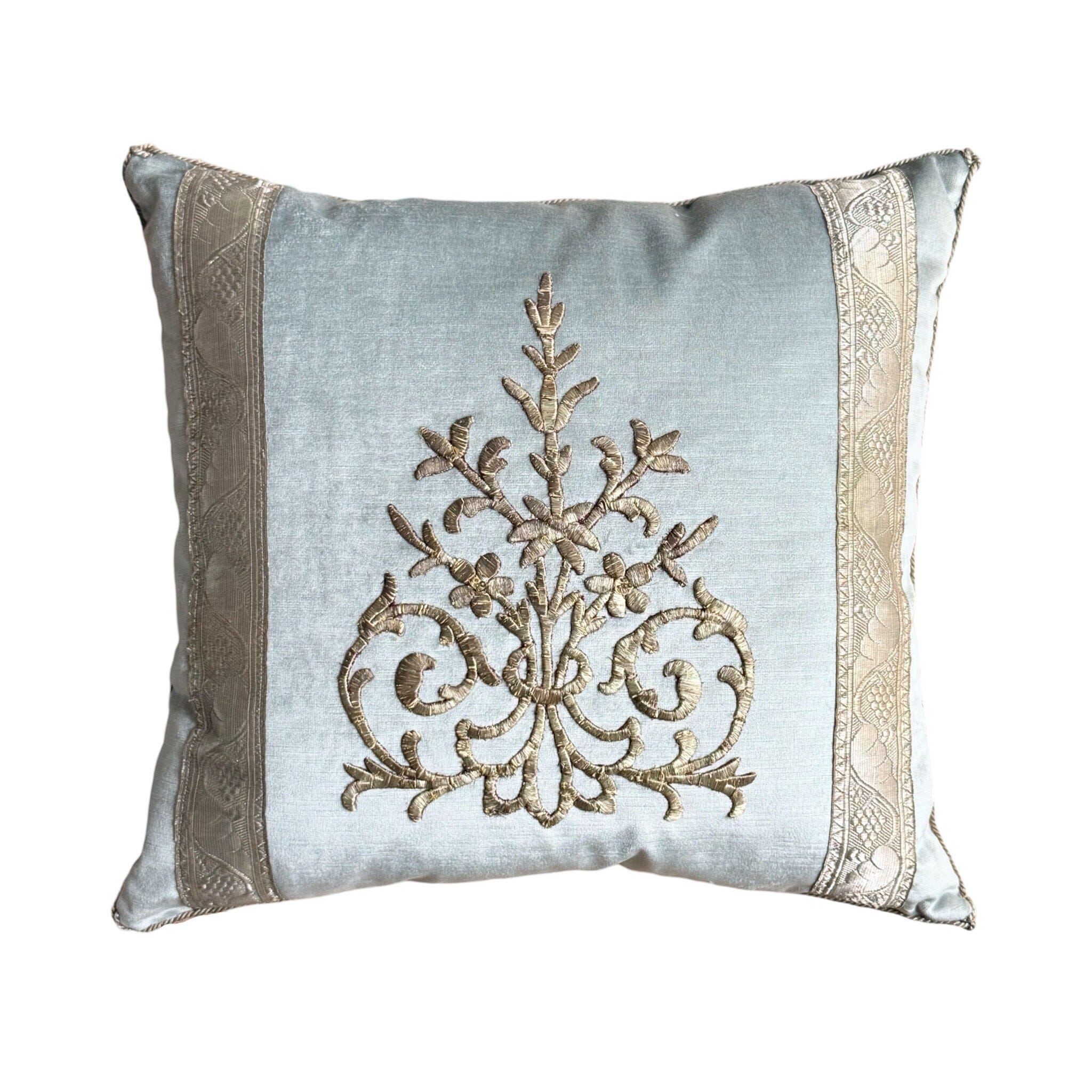 Antique Ottoman Empire Silver Embroidery on Icy Blue Velvet (#E091224A&B | 21 x 22") New Pillows B. Viz Design