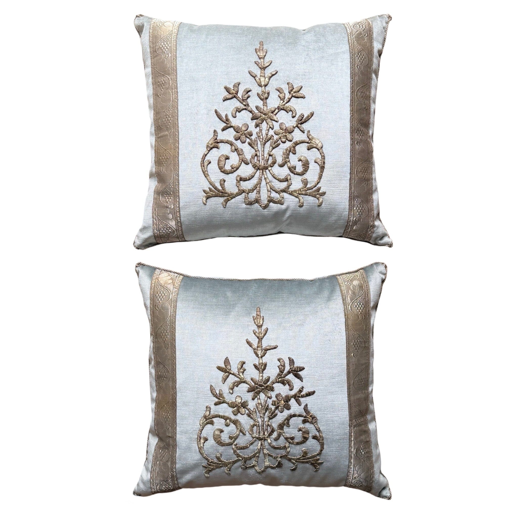 Antique Ottoman Empire Silver Embroidery on Icy Blue Velvet (#E091224A&B | 21 x 22") New Pillows B. Viz Design