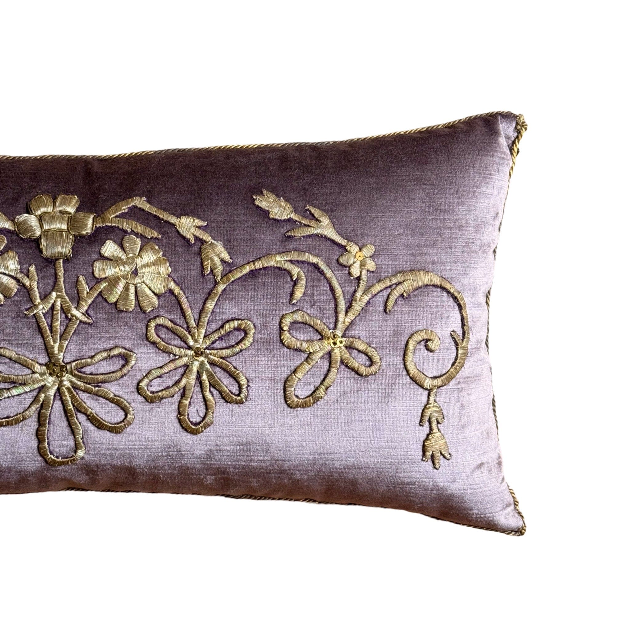 Antique Ottoman Empire Silver Metallic Embroidery on Lavender Velvet (#E052124 | 14 x 29") New Pillows B. Viz Design