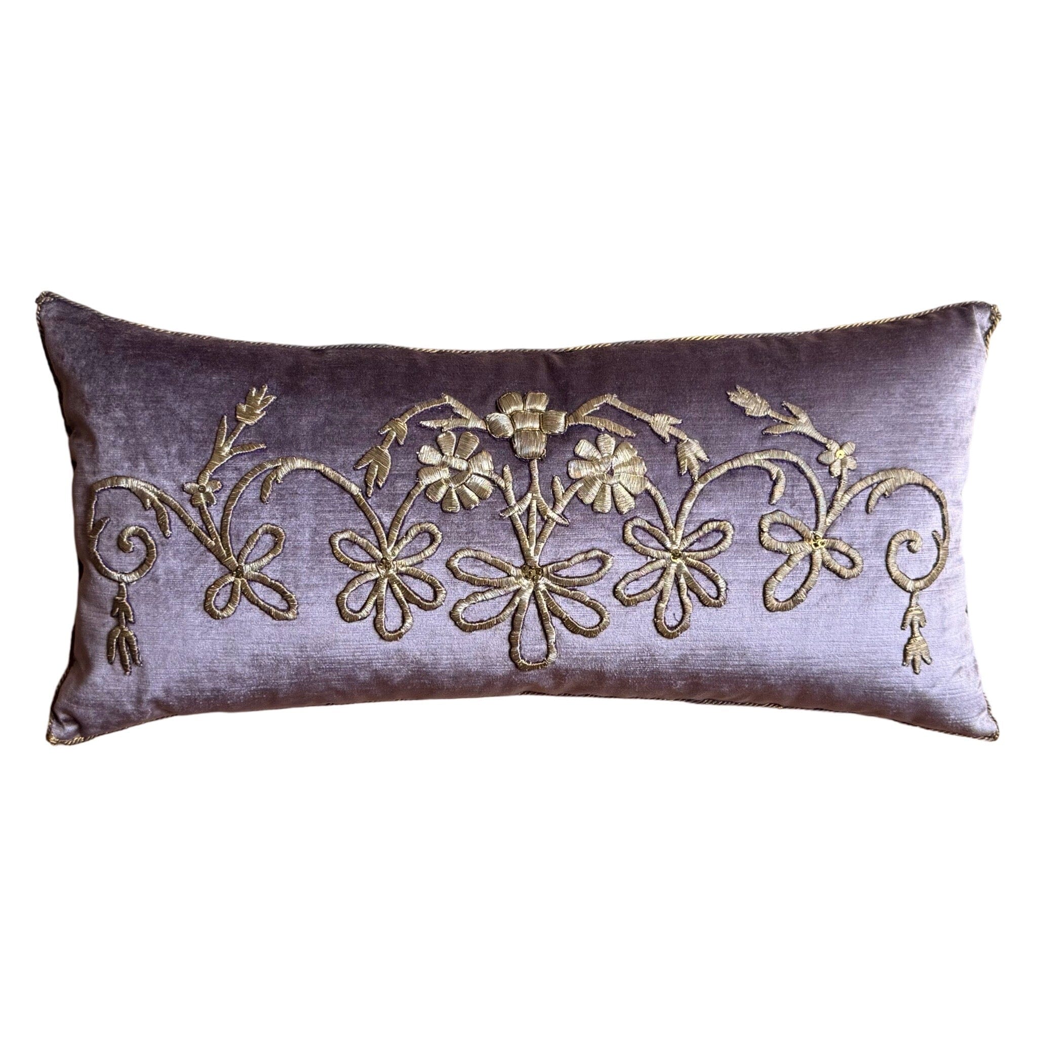 Antique Ottoman Empire Silver Metallic Embroidery on Lavender Velvet (#E052124 | 14 x 29") New Pillows B. Viz Design