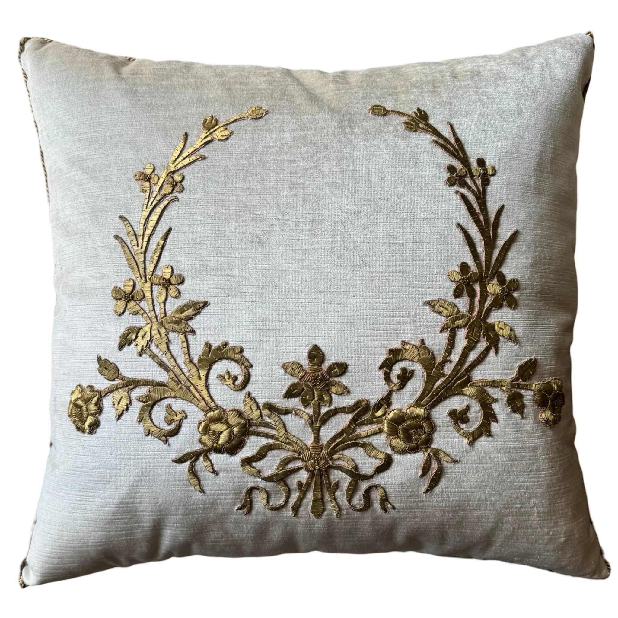 Antique Raised Gold Ottoman Empire Embroidery on Oyster Velvet (#E091824A&B | 21 x 20") Pillow Pair B. Viz Design