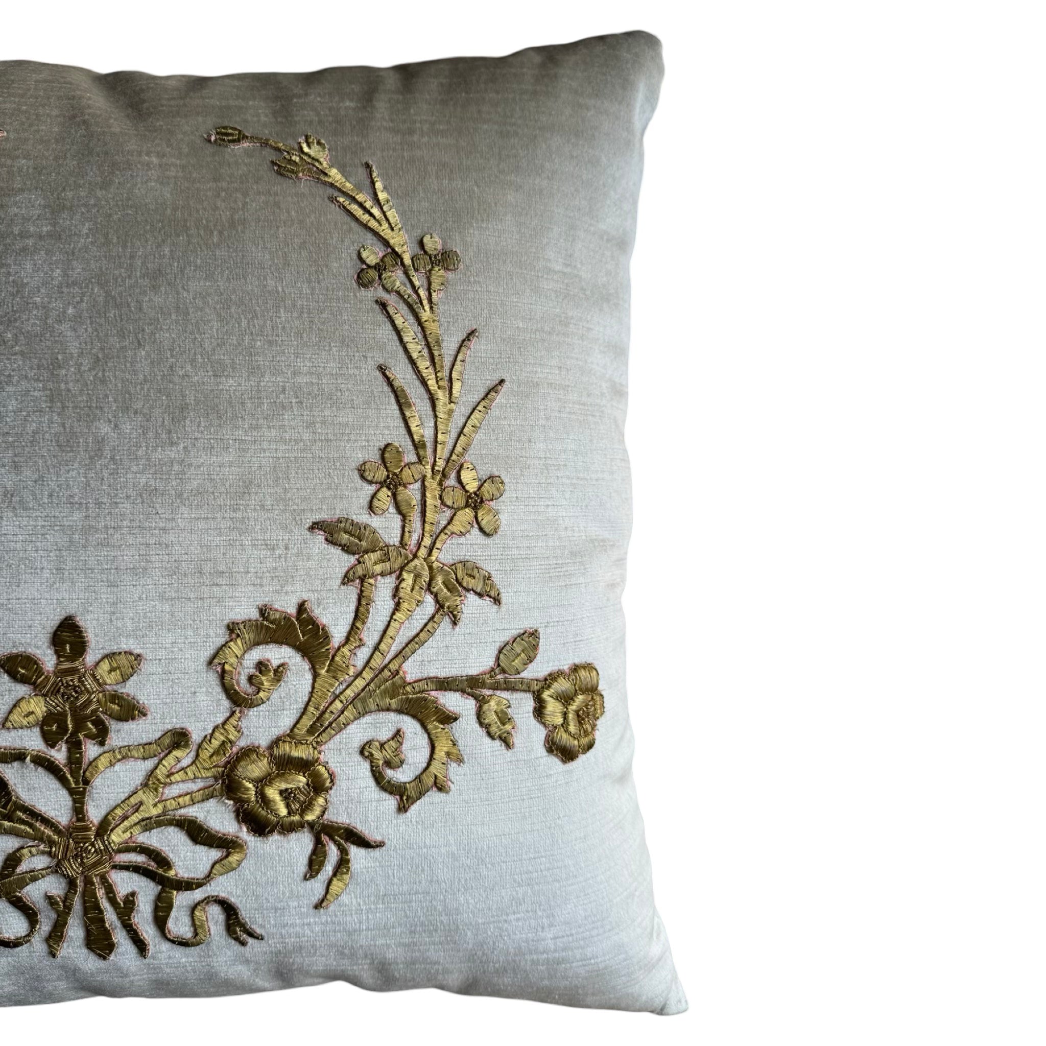 Antique Raised Gold Ottoman Empire Embroidery on Oyster Velvet (#E091824A&B | 21 x 20") Pillow Pair B. Viz Design
