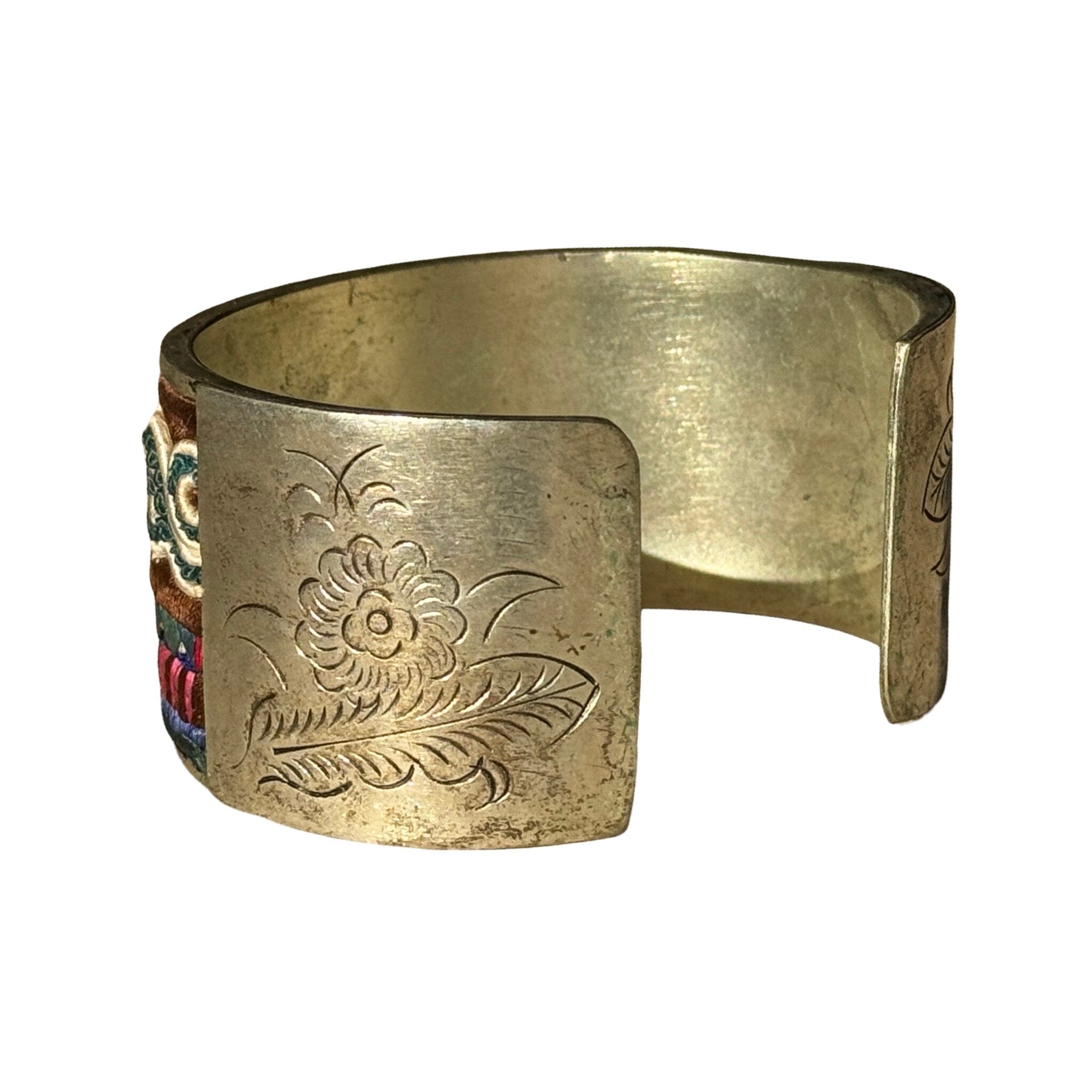 Antique South East Asian Textile Cuff on Silver Cuff ClayCut Laos