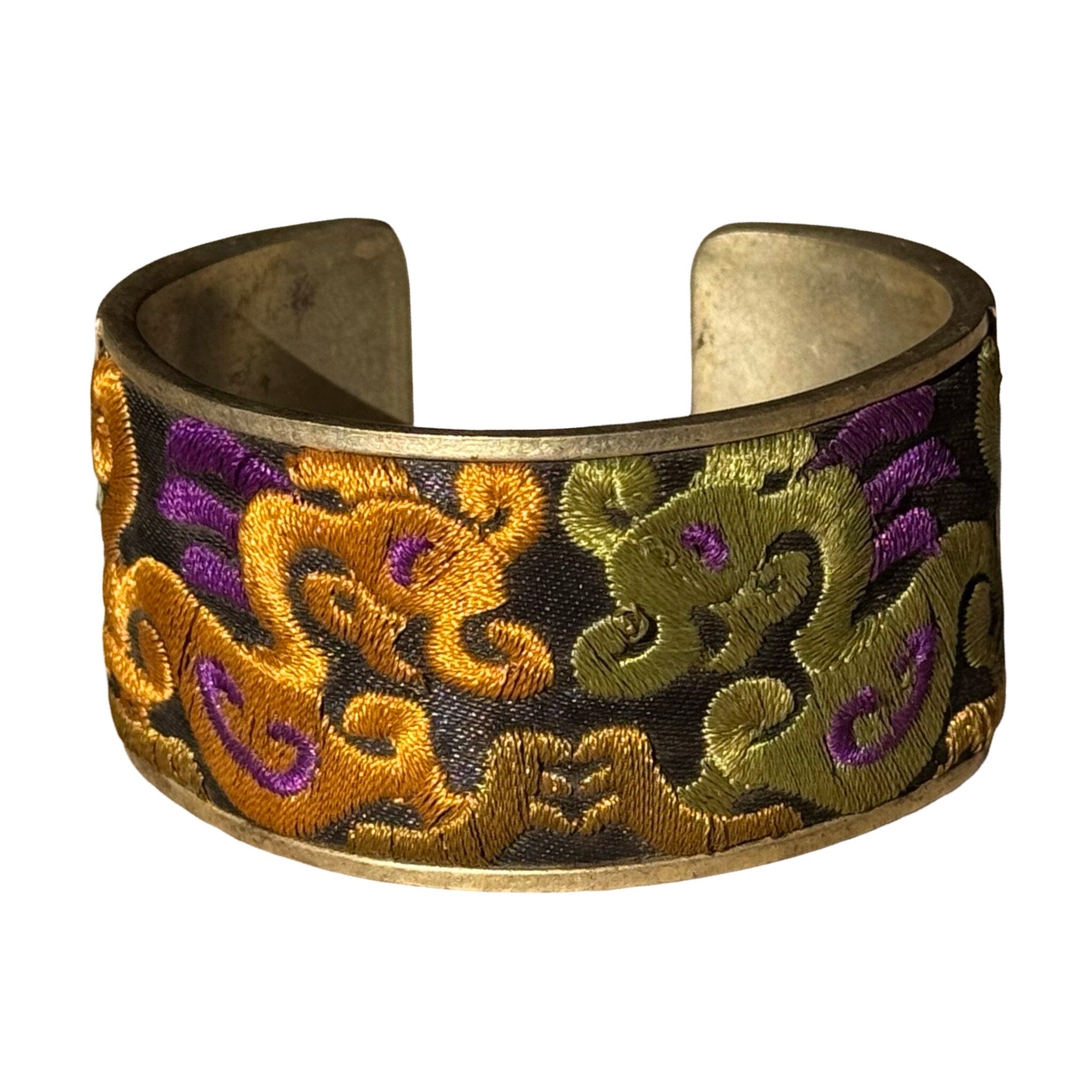 Antique South East Asian Textile Cuff on Silver Cuff ClayCut Laos Cuff A