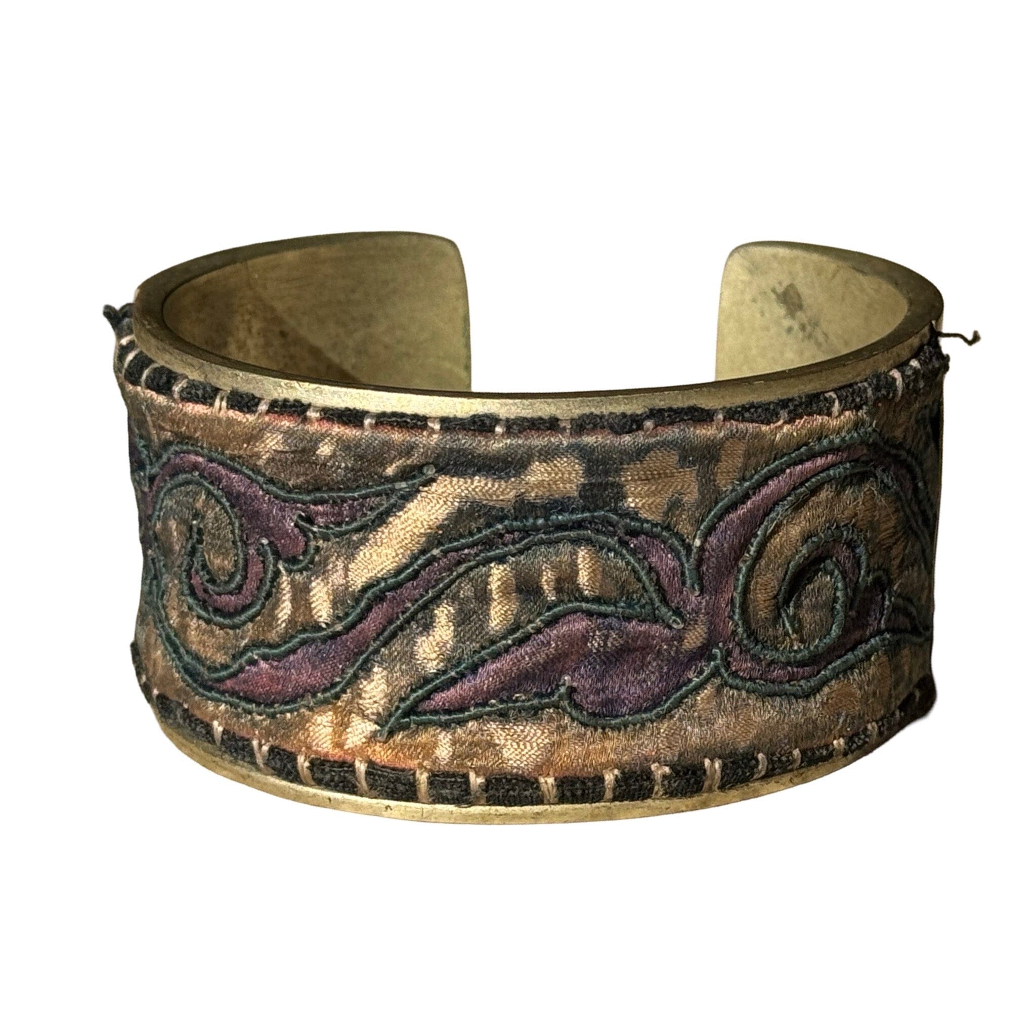 Antique South East Asian Textile Cuff on Silver Cuff ClayCut Laos Cuff C
