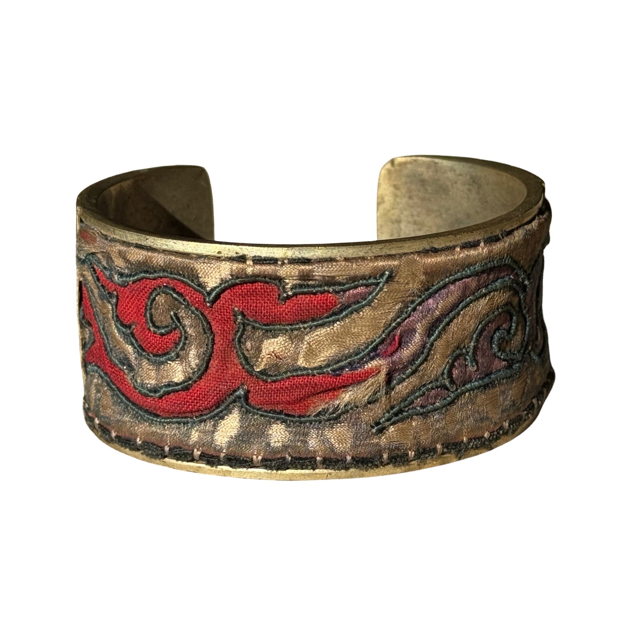 Antique South East Asian Textile Cuff on Silver Cuff ClayCut Laos Cuff D