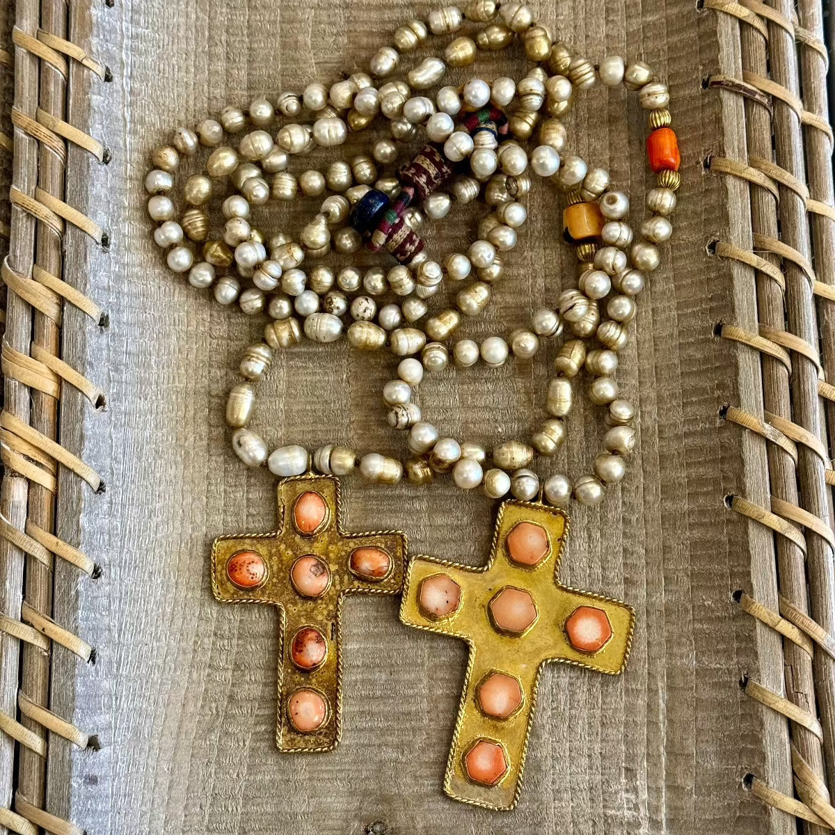 Antiqued Pearl Necklace with Cross Pendant Necklace Tribal Tent
