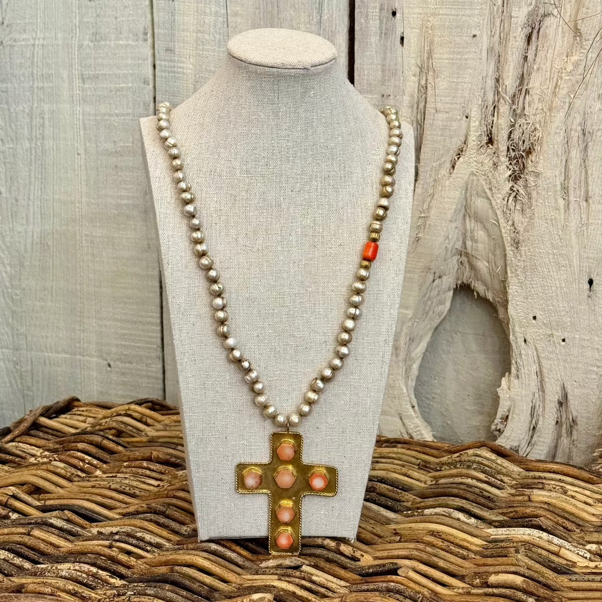 Antiqued Pearl Necklace with Cross Pendant Necklace Tribal Tent Cross with Hexagon Stones