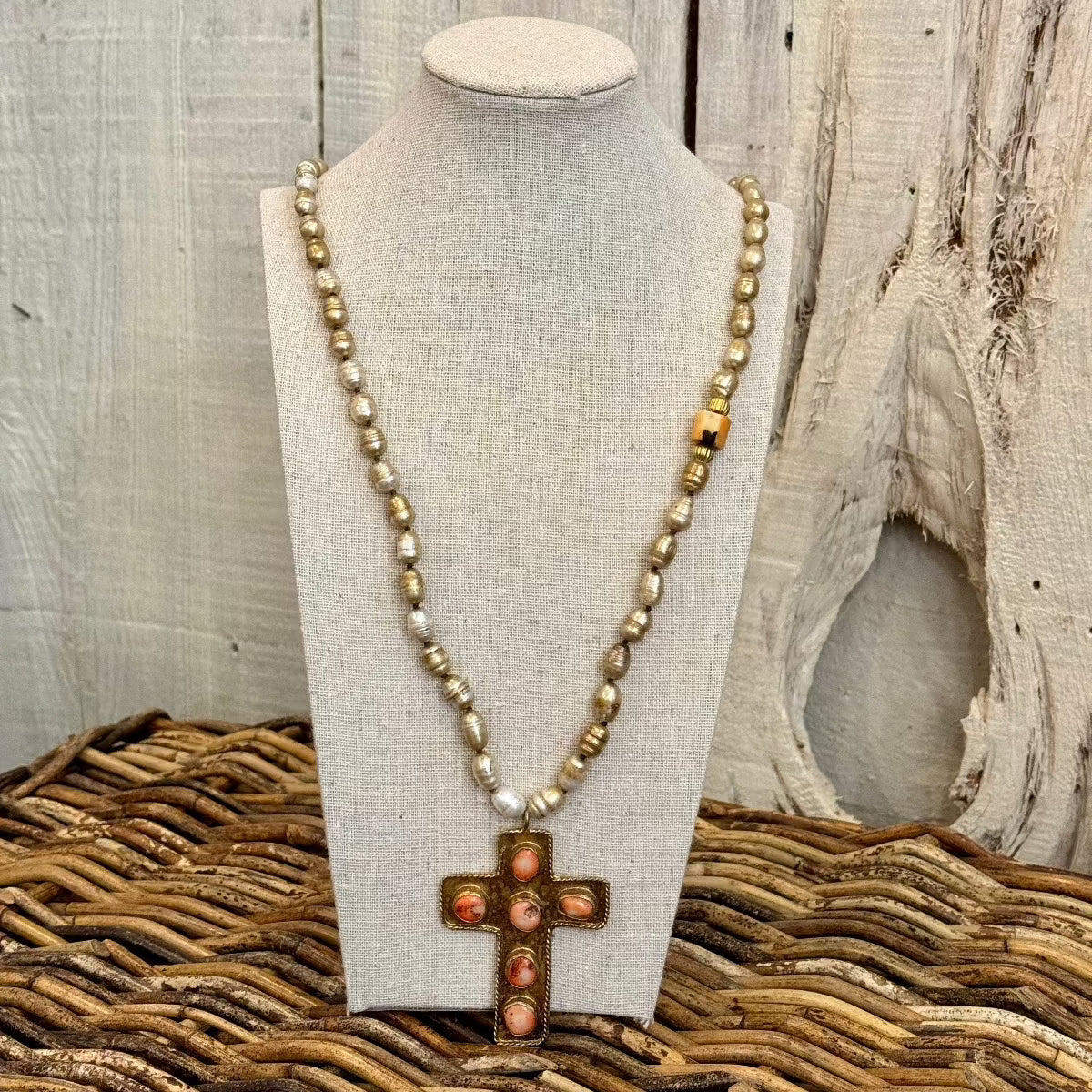 Antiqued Pearl Necklace with Cross Pendant Necklace Tribal Tent Cross with Oval Stones