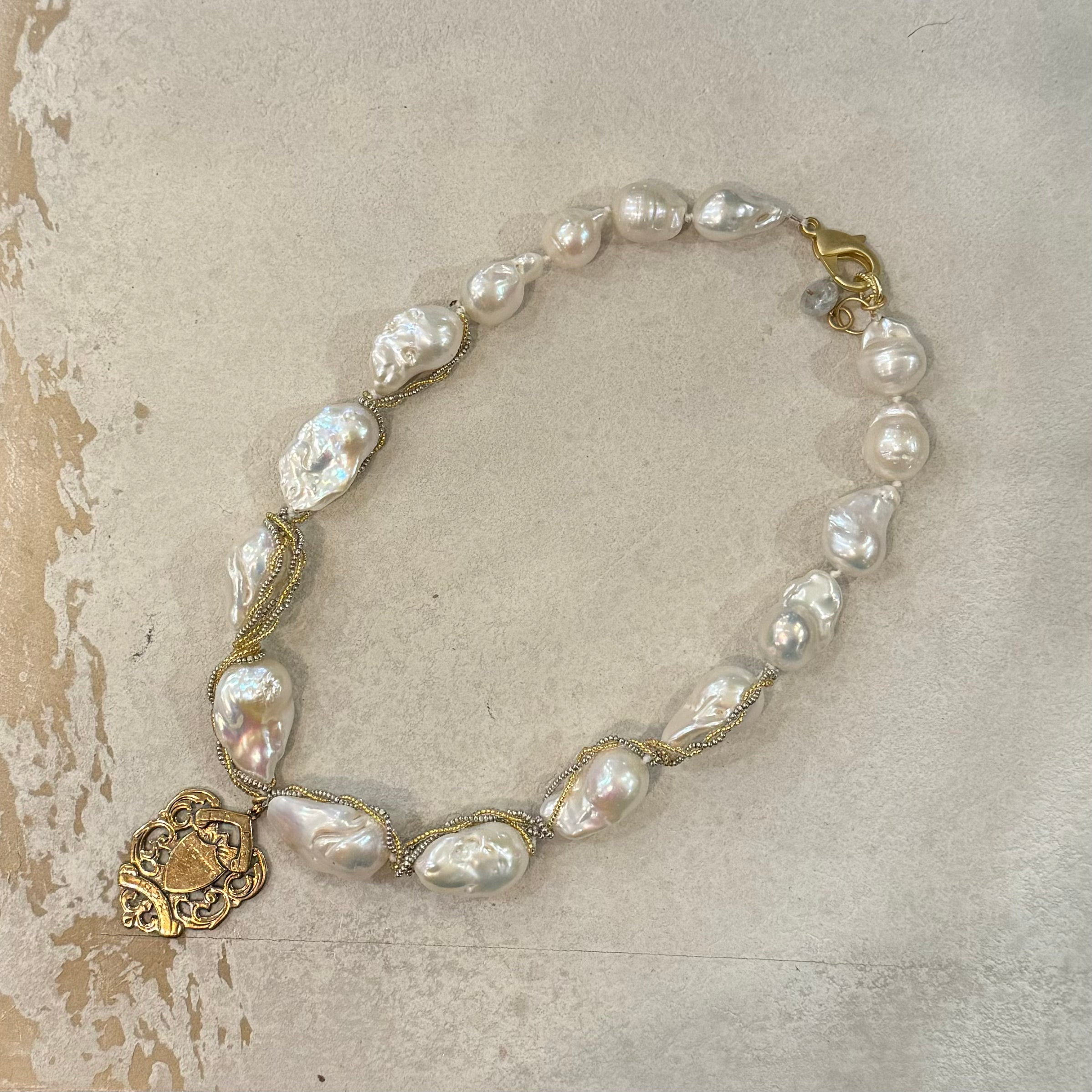 Baroque Pearl Necklace with Vintage Shield Medallion Necklace Bittersweet designs