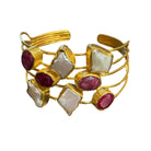 Brass Cuff with Baroque Pearls and Natural Pink Stones Bracelet Eyup Gunduz