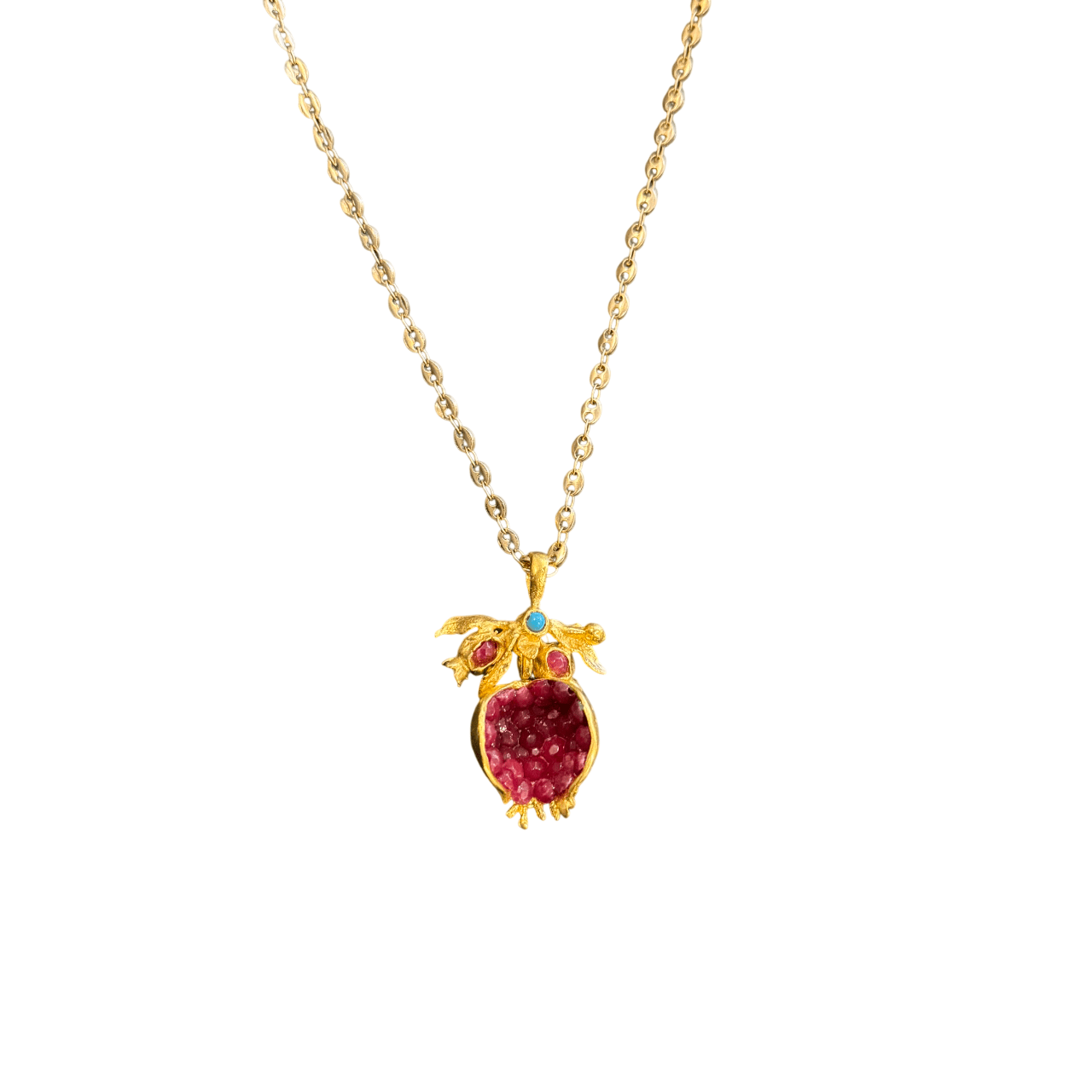 Delicate Chain Necklace with Red Seed Pomegranate Pendant Necklace Eyup Gunduz