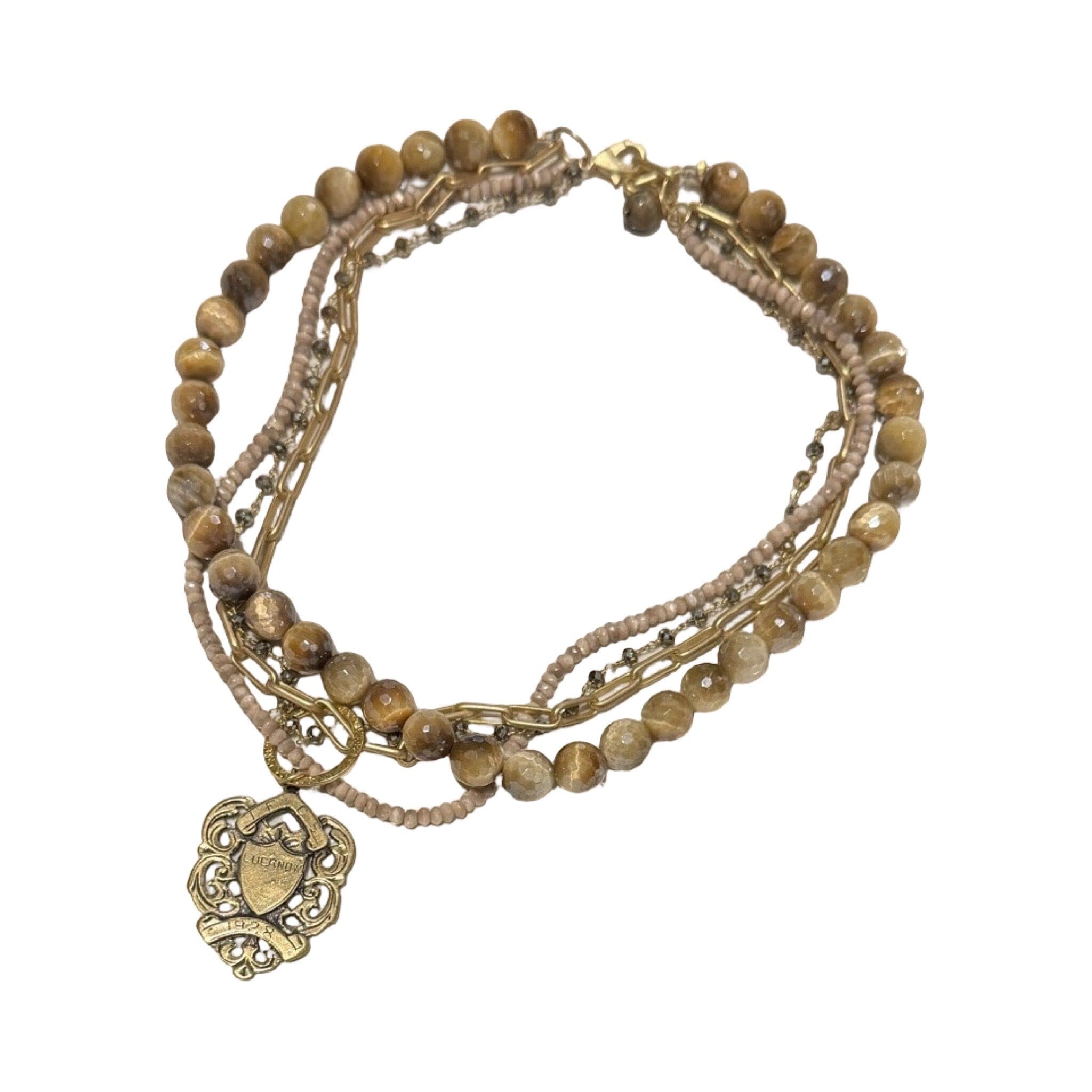 Flaneur Necklace with Shield Charm Pendant New Jewelry Bittersweet designs Honeyed Tiger Eye