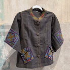 Flax Linen Short Jacket with Vintage Hmong Batik and Embroidery Jacket Bangkok Black | Medium