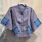 Flax Linen Short Jacket with Vintage Hmong Batik and Embroidery Jacket Bangkok Blue | Small