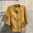 Flax Linen Short Jacket with Vintage Hmong Batik and Embroidery Jacket Bangkok Mustard | Medium