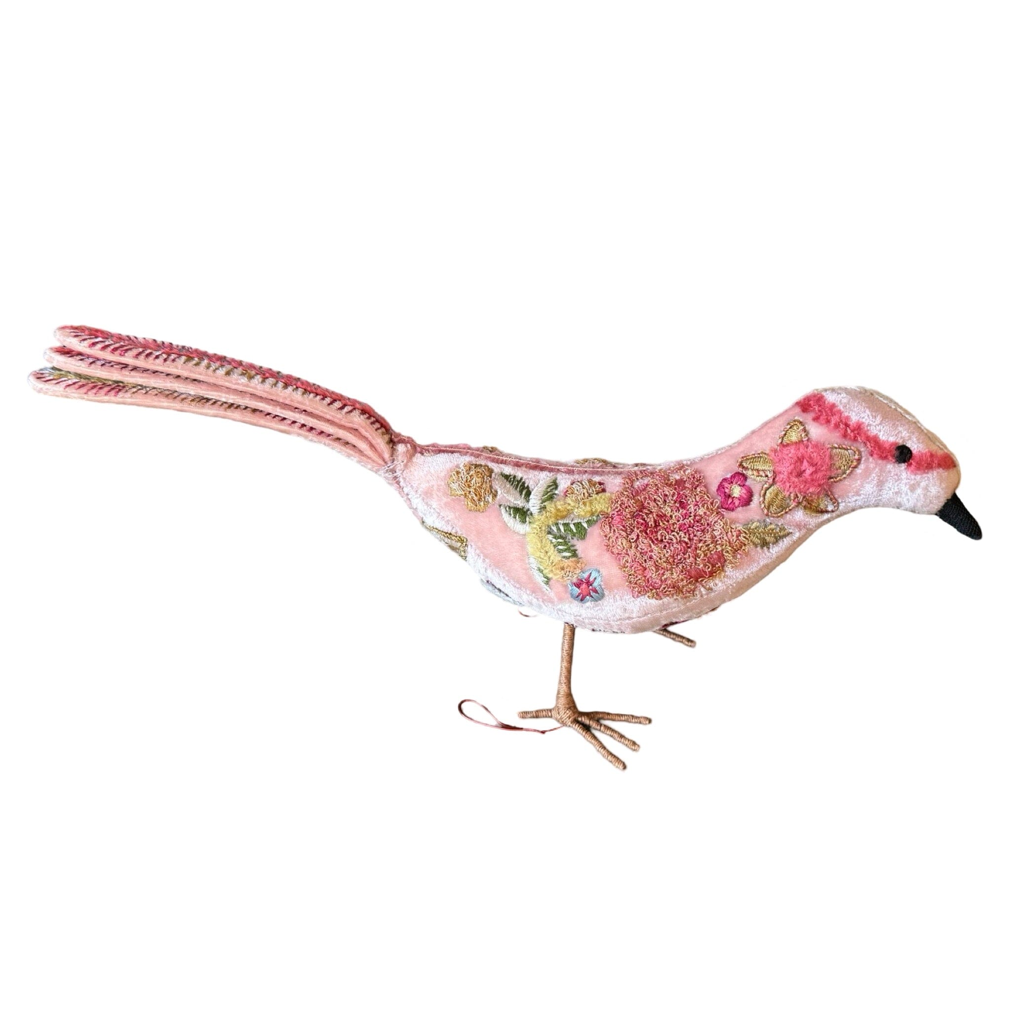 FLUER Hand Embroidered Silk Velvet Shaded Old Rose Standing Bird Objet d'Art Anke Drechsel