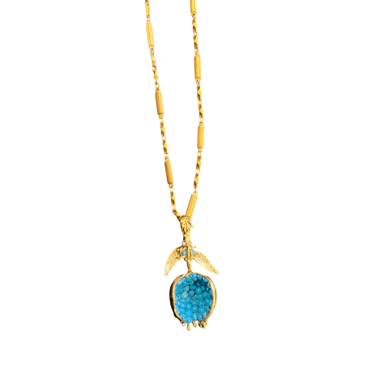 Gold and Turquoise Pomegranate Pendant on Gold Chain Necklace Eyup Gunduz