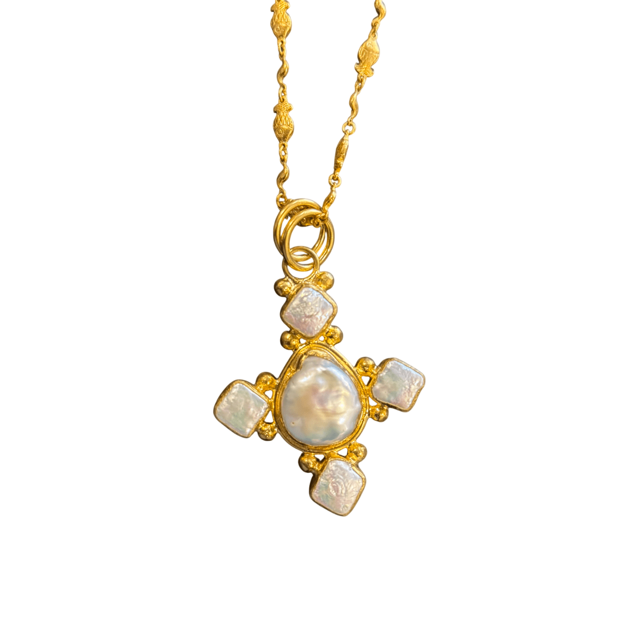 Gold Brass Cross with Baroque Pearls Pendant on Fish Necklace Necklace Eyup Gunduz