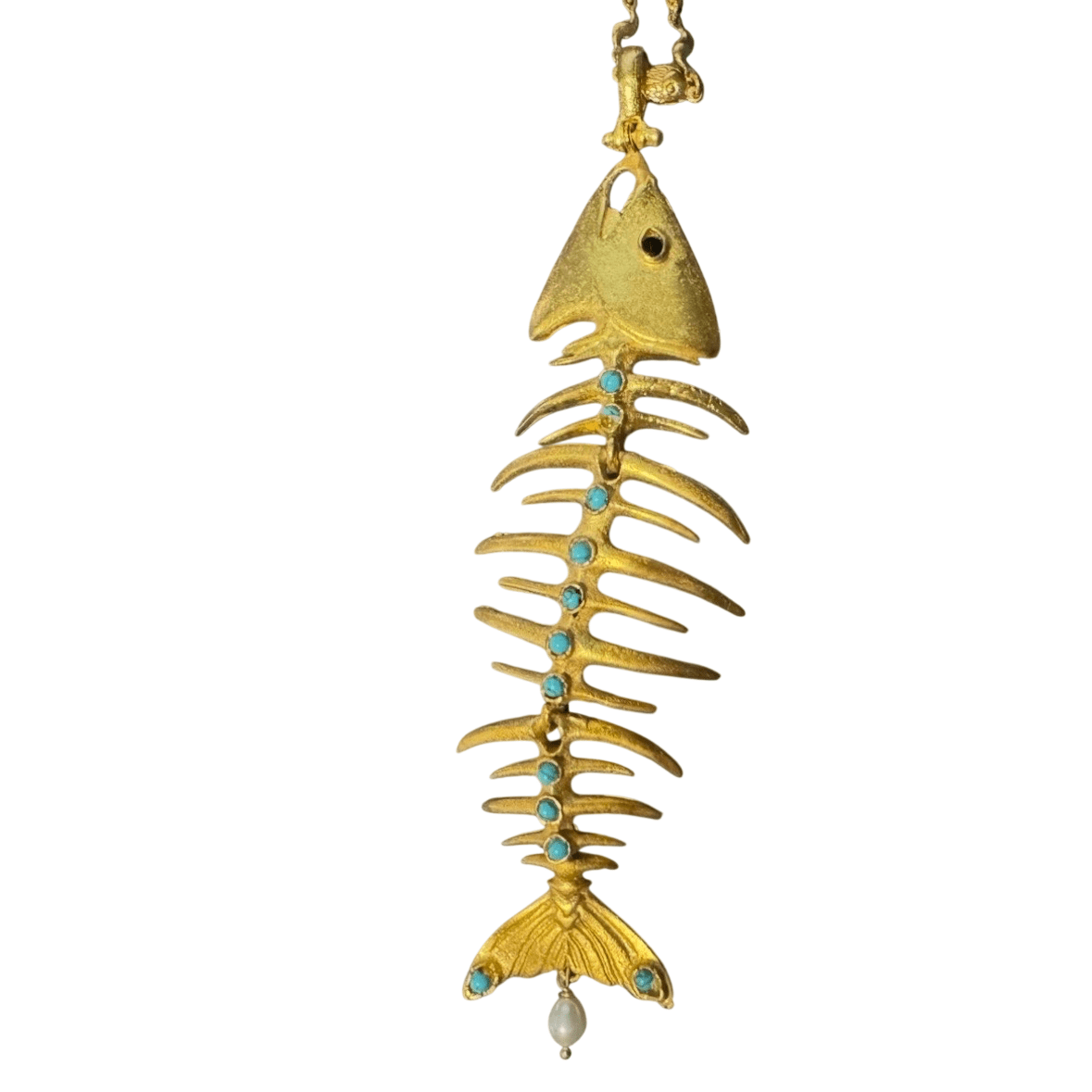 Gold Brass Fish Bone Pendant on Fish Necklace Necklace Eyup Gunduz