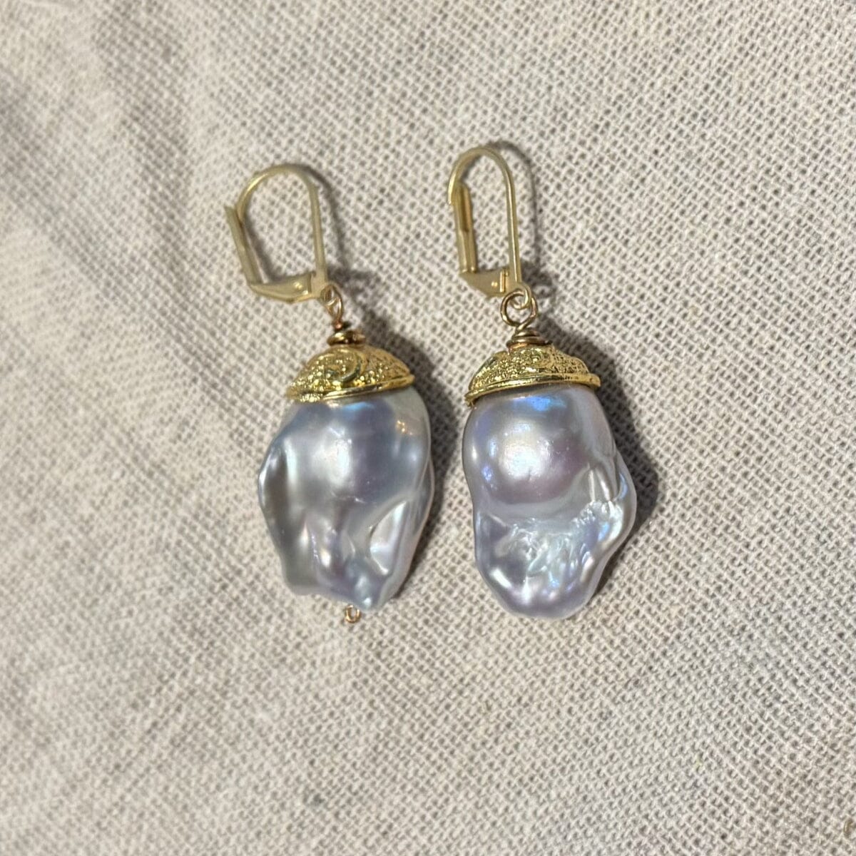 Gold Capped Baroque Pearl Earrings Earrings Bittersweet designs Grey Pearl