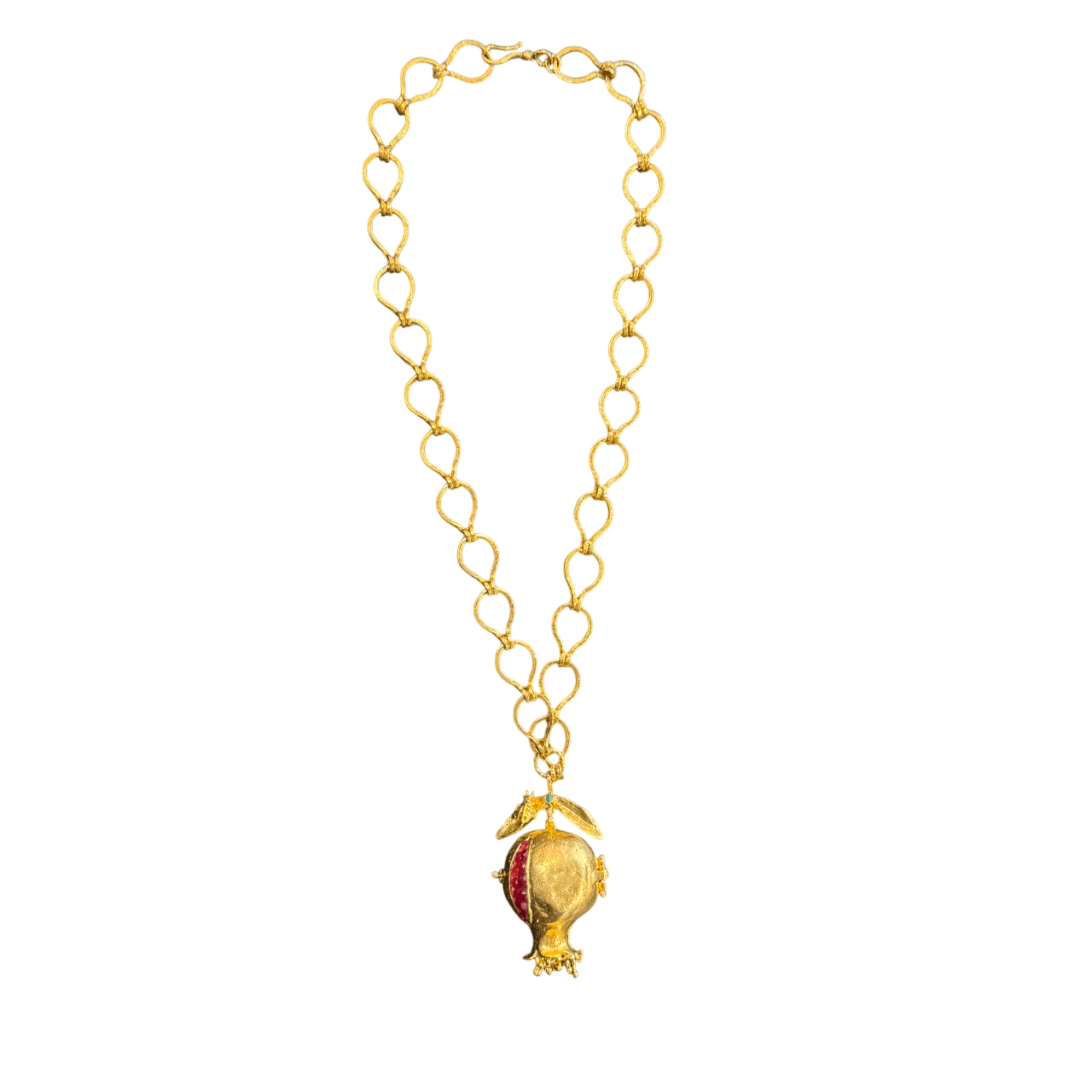 Gold Link Chain Necklace with Interlocking Ovals and Locket Style Pomegranate Pendant Necklace Eyup Gunduz