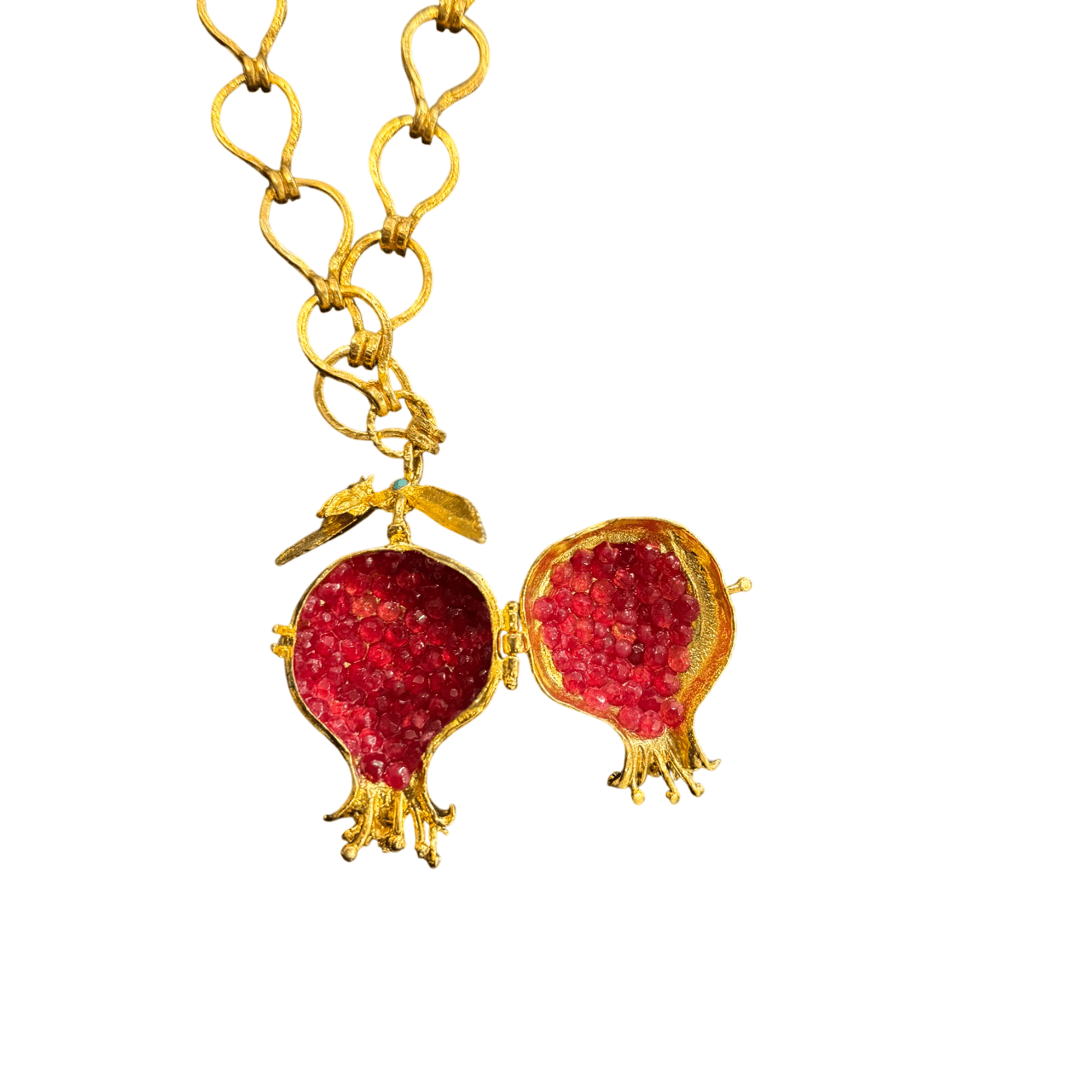 Gold Link Chain Necklace with Interlocking Ovals and Locket Style Pomegranate Pendant Necklace Eyup Gunduz